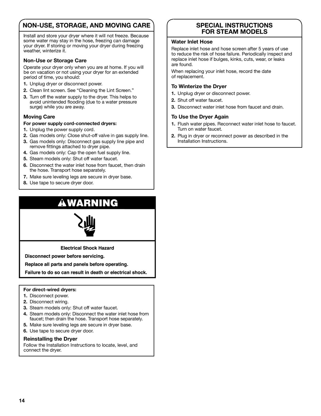 Whirlpool WGD94HEAC manual NON-USE, STORAGE, and Moving Care, Special Instructions For Steam Models 