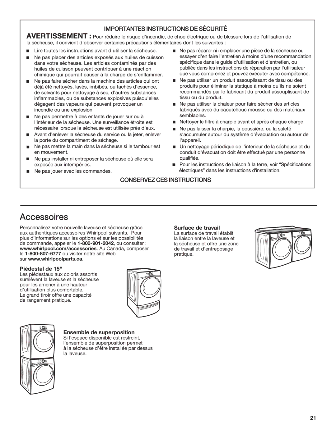 Whirlpool WGD94HEAC manual Accessoires, Piédestal de, Ensemble de superposition, Surface de travail 