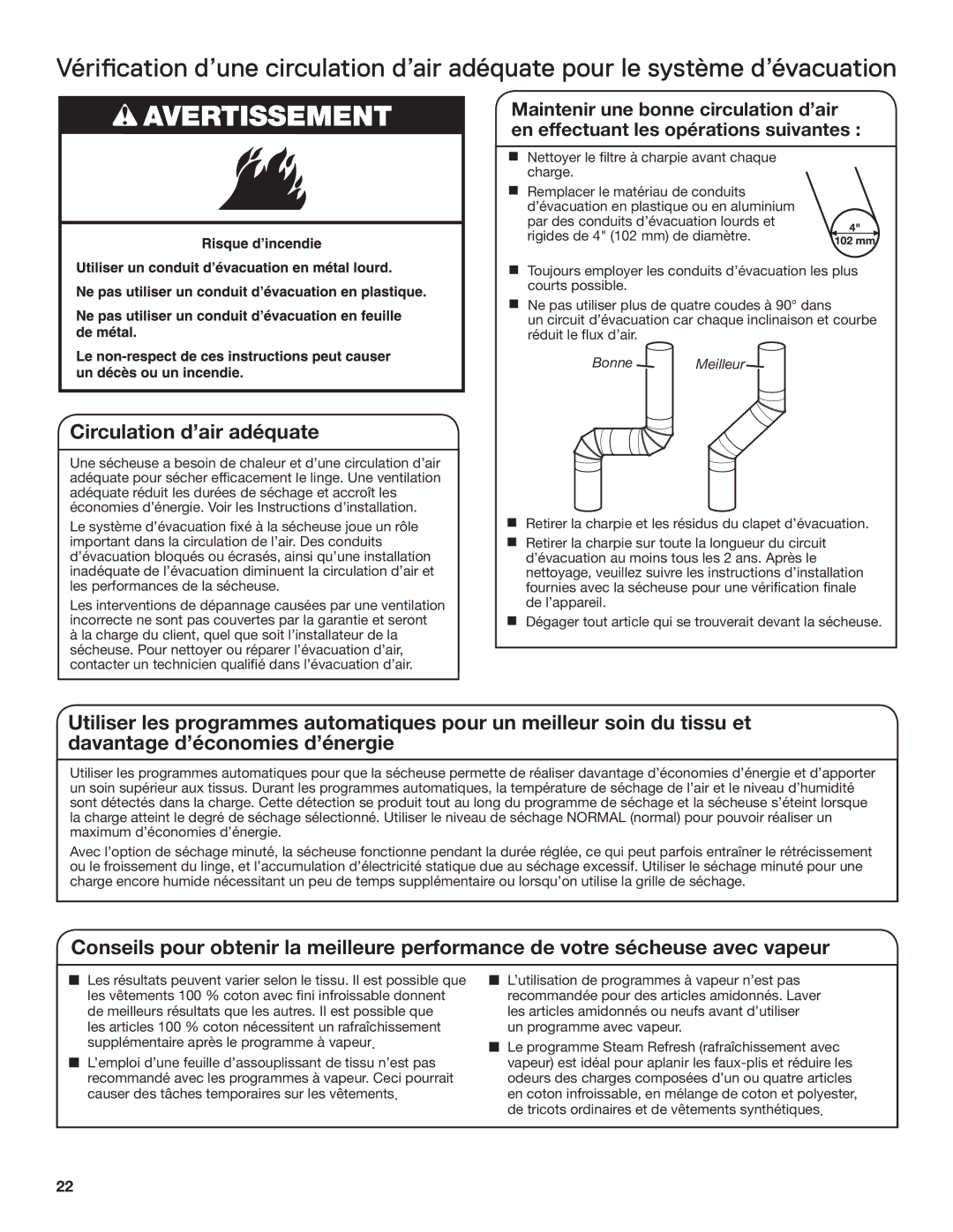 Whirlpool WGD94HEAC manual Circulation d’air adéquate 