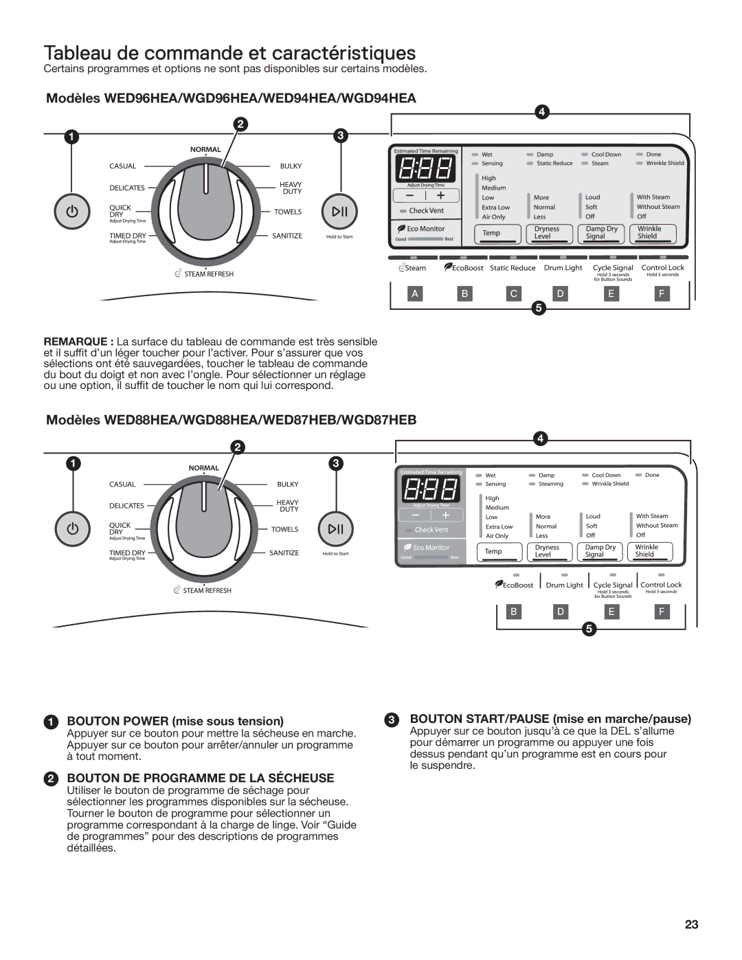 Whirlpool WGD94HEAC manual Tableau de commande et caractéristiques, Bouton Power mise sous tension 