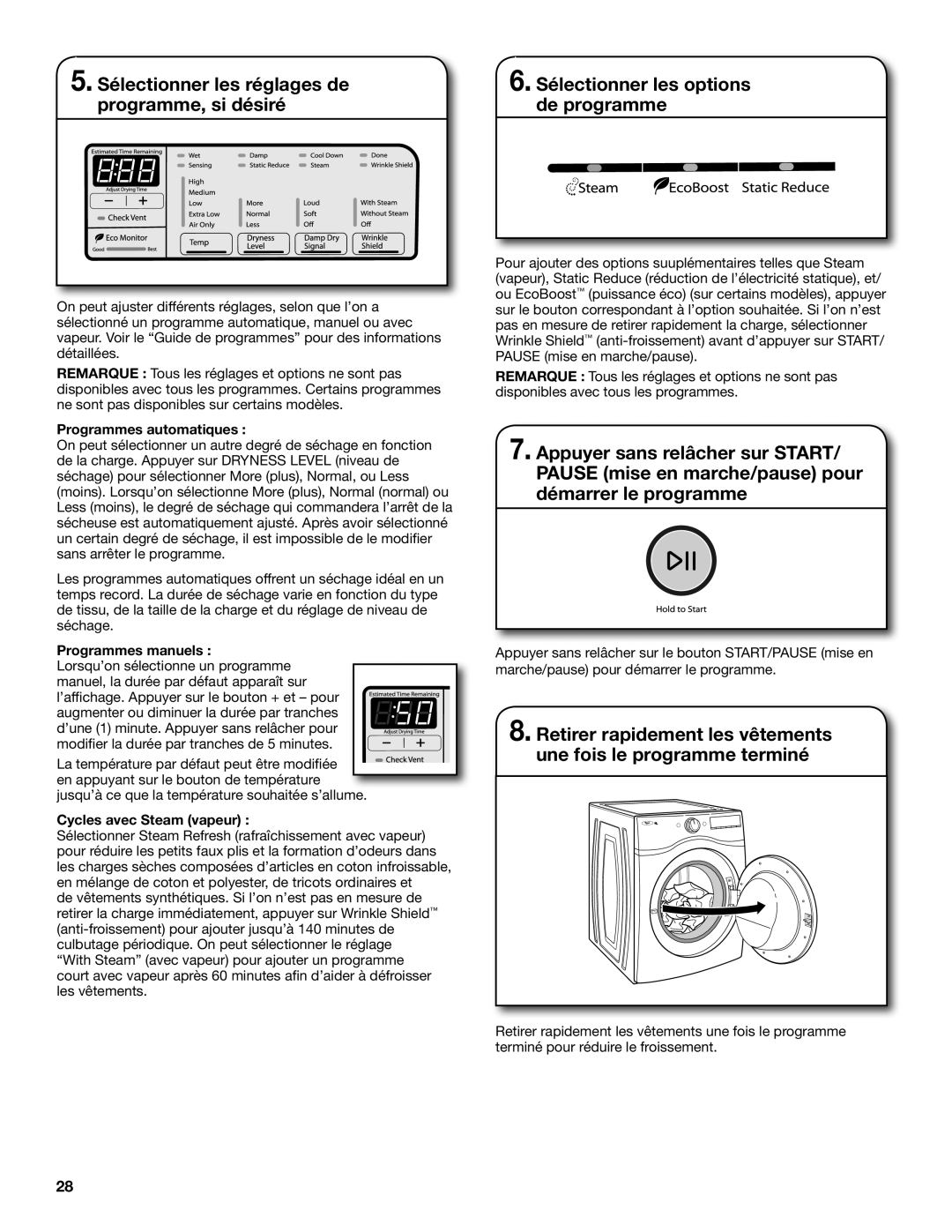 Whirlpool WGD94HEAC manual Programmes automatiques, Programmes manuels, Cycles avec Steam vapeur 