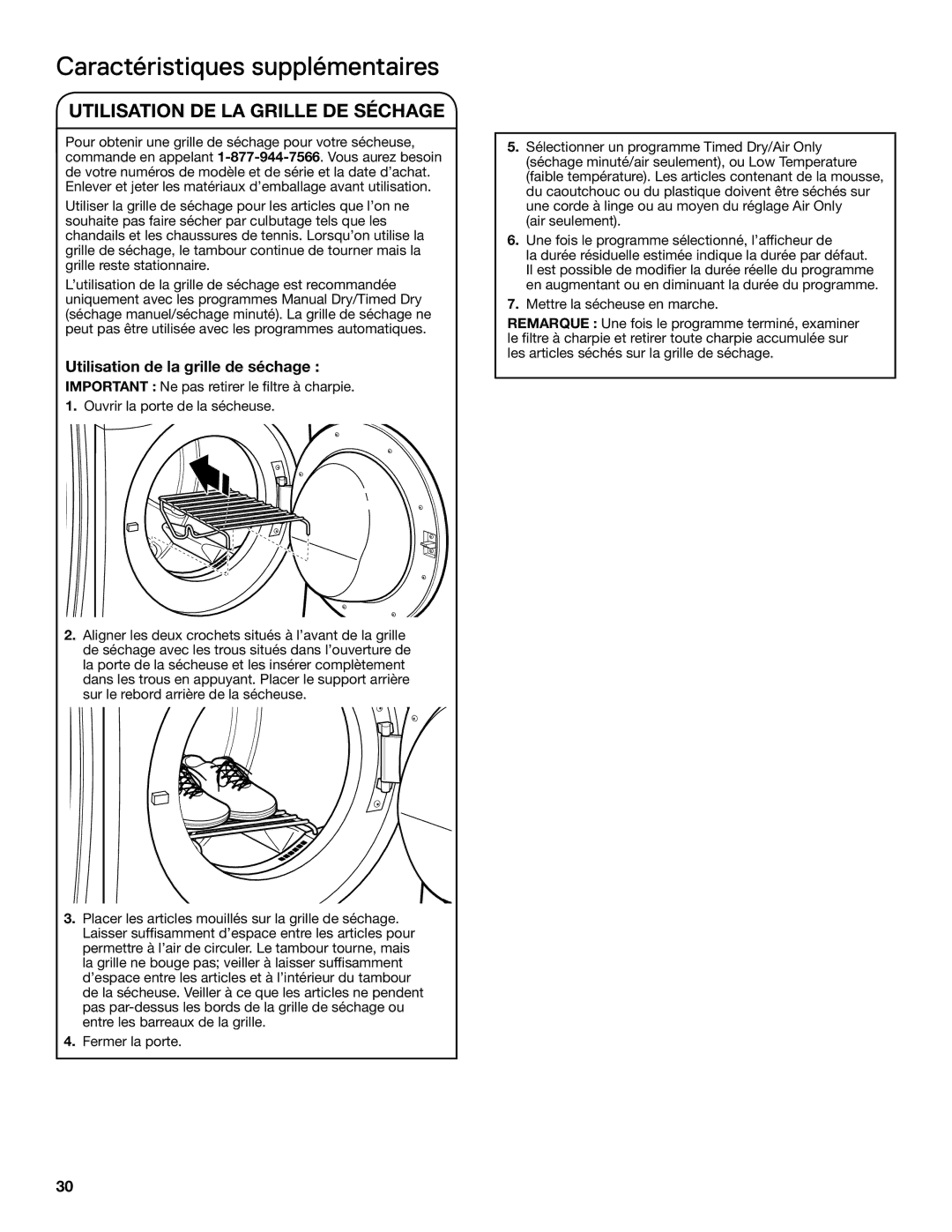 Whirlpool WGD94HEAC manual Caractéristiques supplémentaires, Utilisation DE LA Grille DE Séchage 