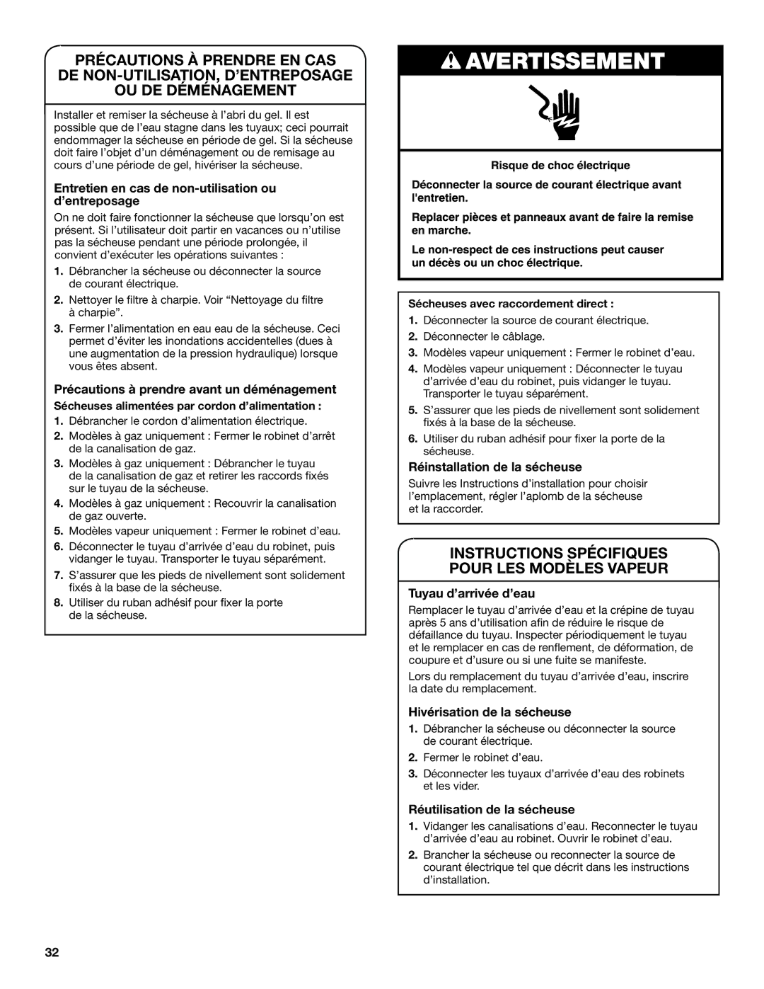 Whirlpool WGD94HEAC manual Instructions Spécifiques Pour LES Modèles Vapeur 