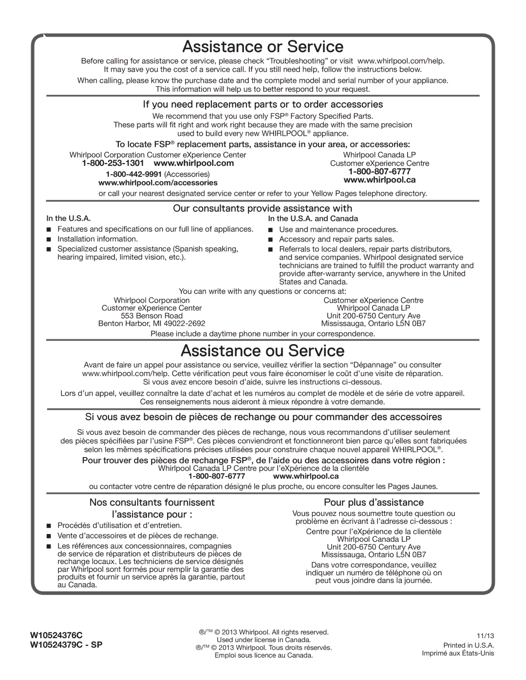 Whirlpool WGD94HEAC manual Assistance or Service 