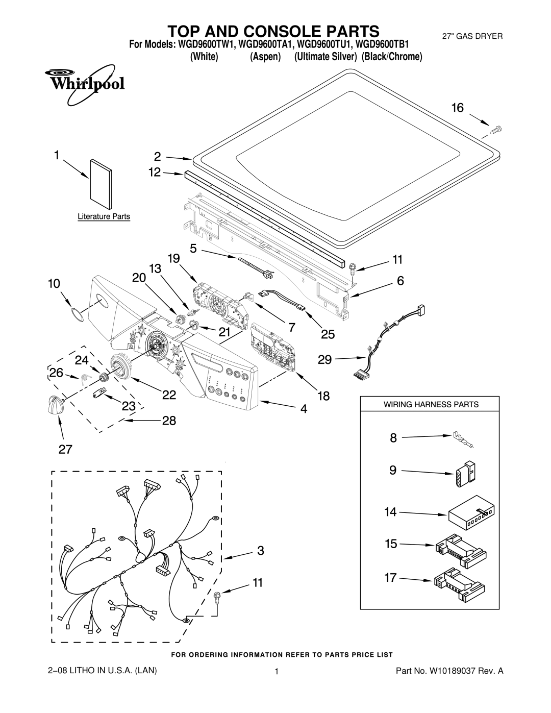 Whirlpool WGD9600TU1, WGD9600TW1, WGD9600TB1, WGD9600TA1 manual TOP and Console Parts 