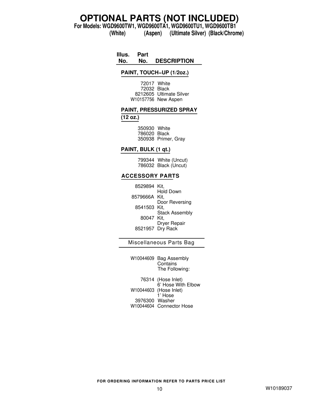 Whirlpool WGD9600TB1, WGD9600TW1, WGD9600TU1, WGD9600TA1 manual Optional Parts not Included, Accessory Parts 