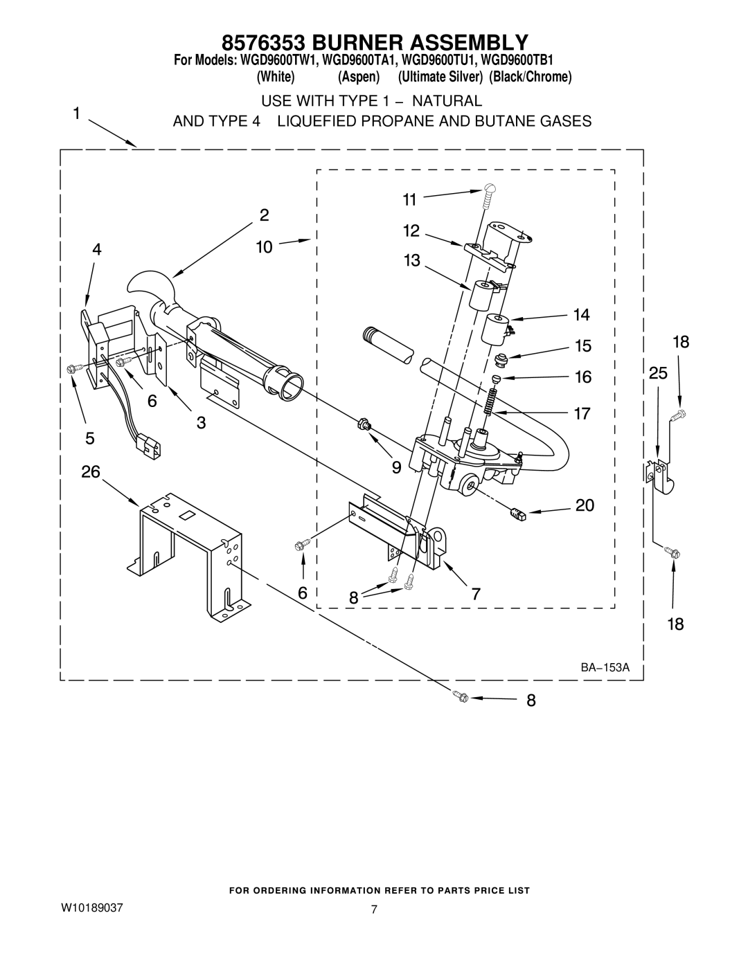 Whirlpool WGD9600TA1, WGD9600TW1, WGD9600TU1, WGD9600TB1 manual Burner Assembly 