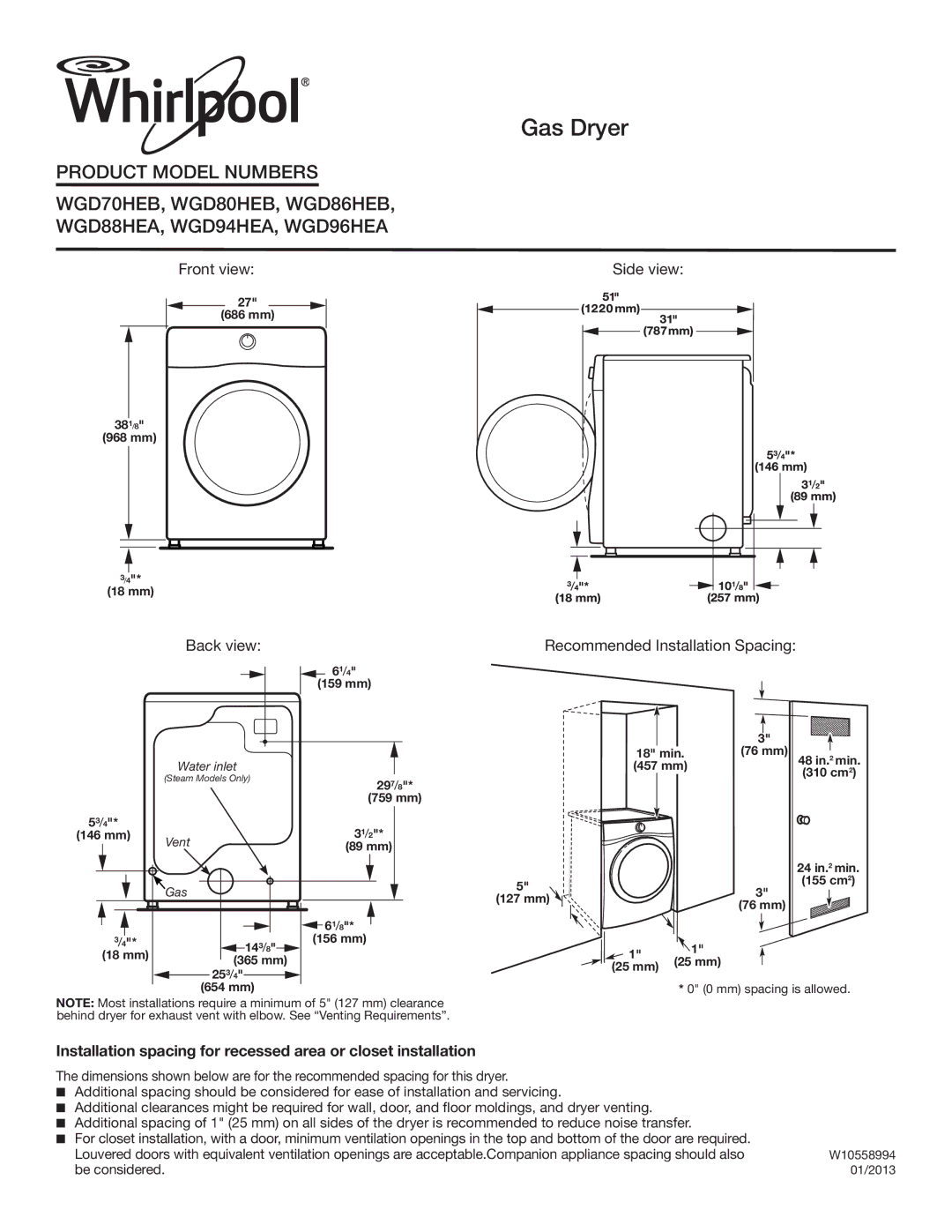 Whirlpool WGD94HEA, WGD96HEA dimensions Gas Dryer 