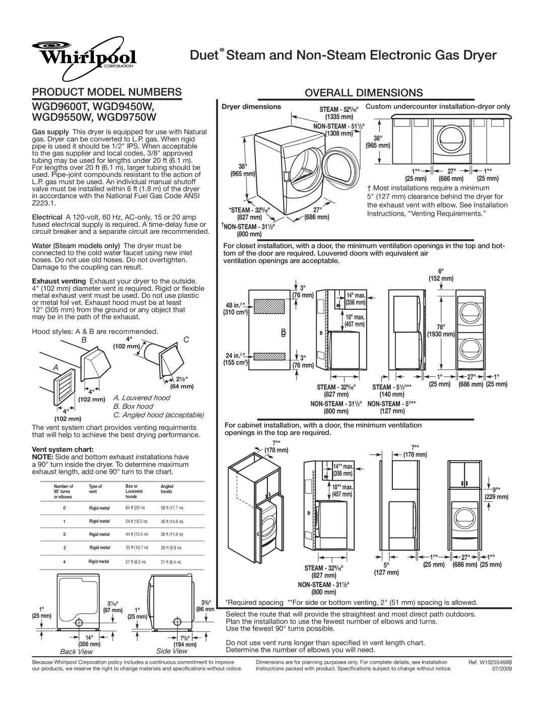 Whirlpool WGD9550W dimensions Duet Steam and Non-Steam Electronic Gas Dryer, Product Model Numbers, Overall Dimensions 