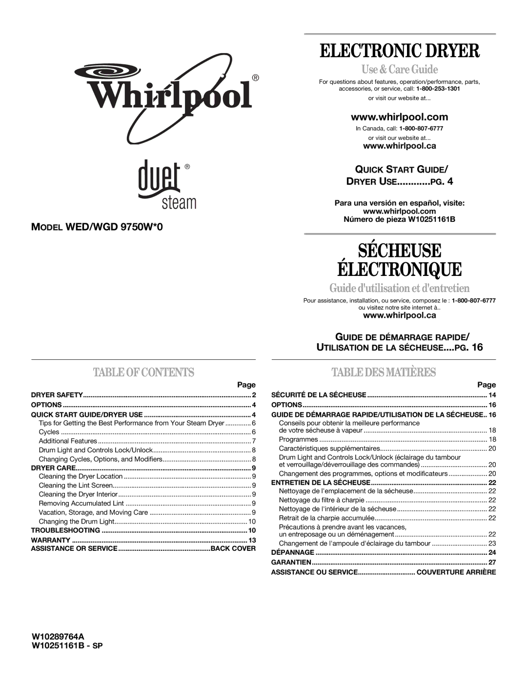 Whirlpool WGD9750WW quick start Electronic Dryer, Guide dutilisation et dentretien 