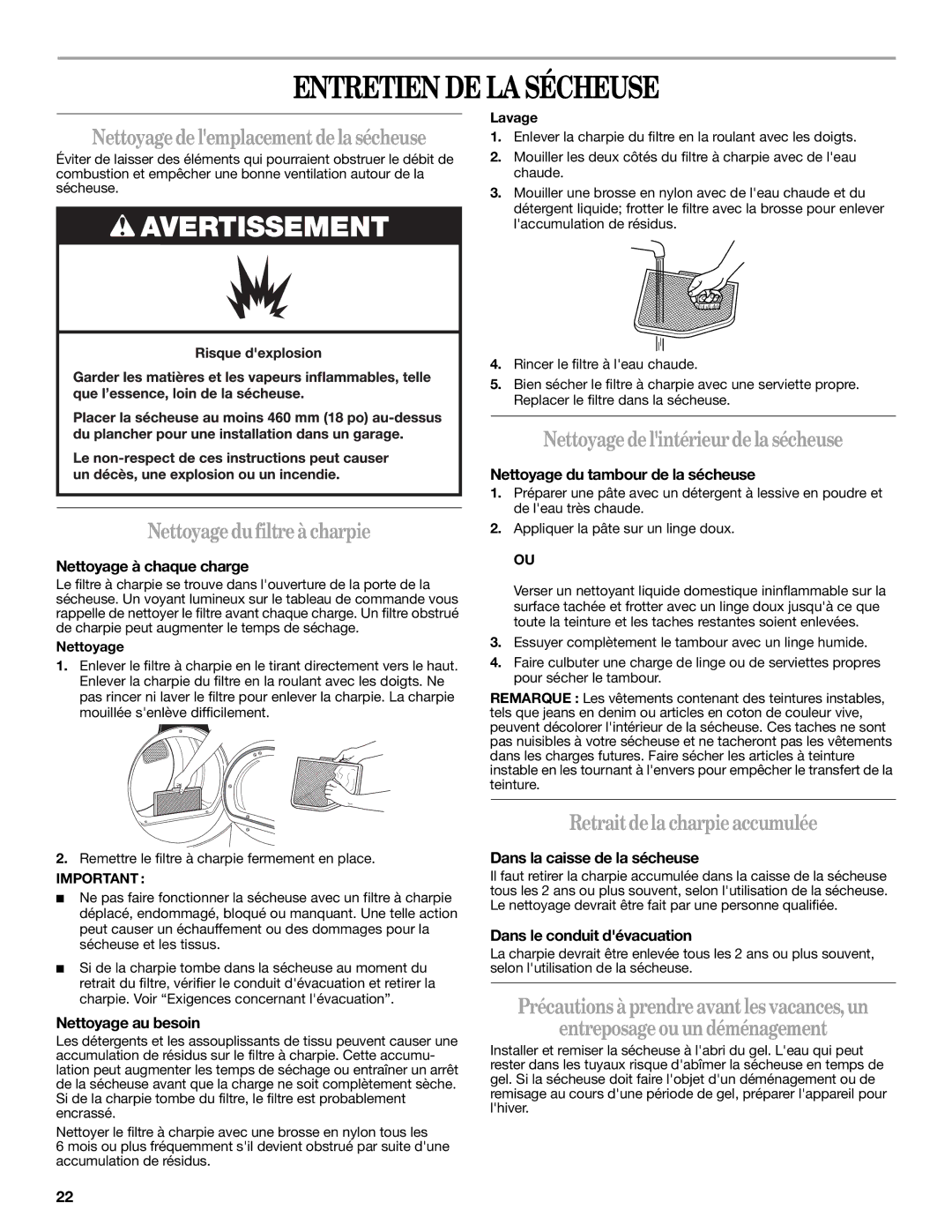 Whirlpool WGD9750WW Entretien DE LA Sécheuse, Nettoyage du filtre à charpie, Nettoyage de lintérieur de la sécheuse 