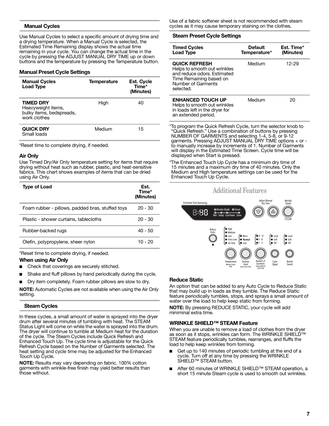 Whirlpool WGD9750WW quick start Additional Features 