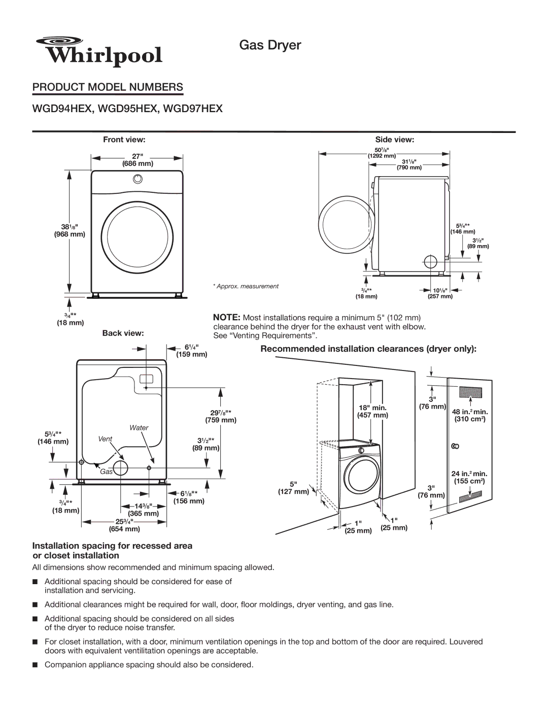 Whirlpool WGD94HEX, WGD97HEX, WGD95HEX dimensions Gas Dryer, Recommended installation clearances dryer only 