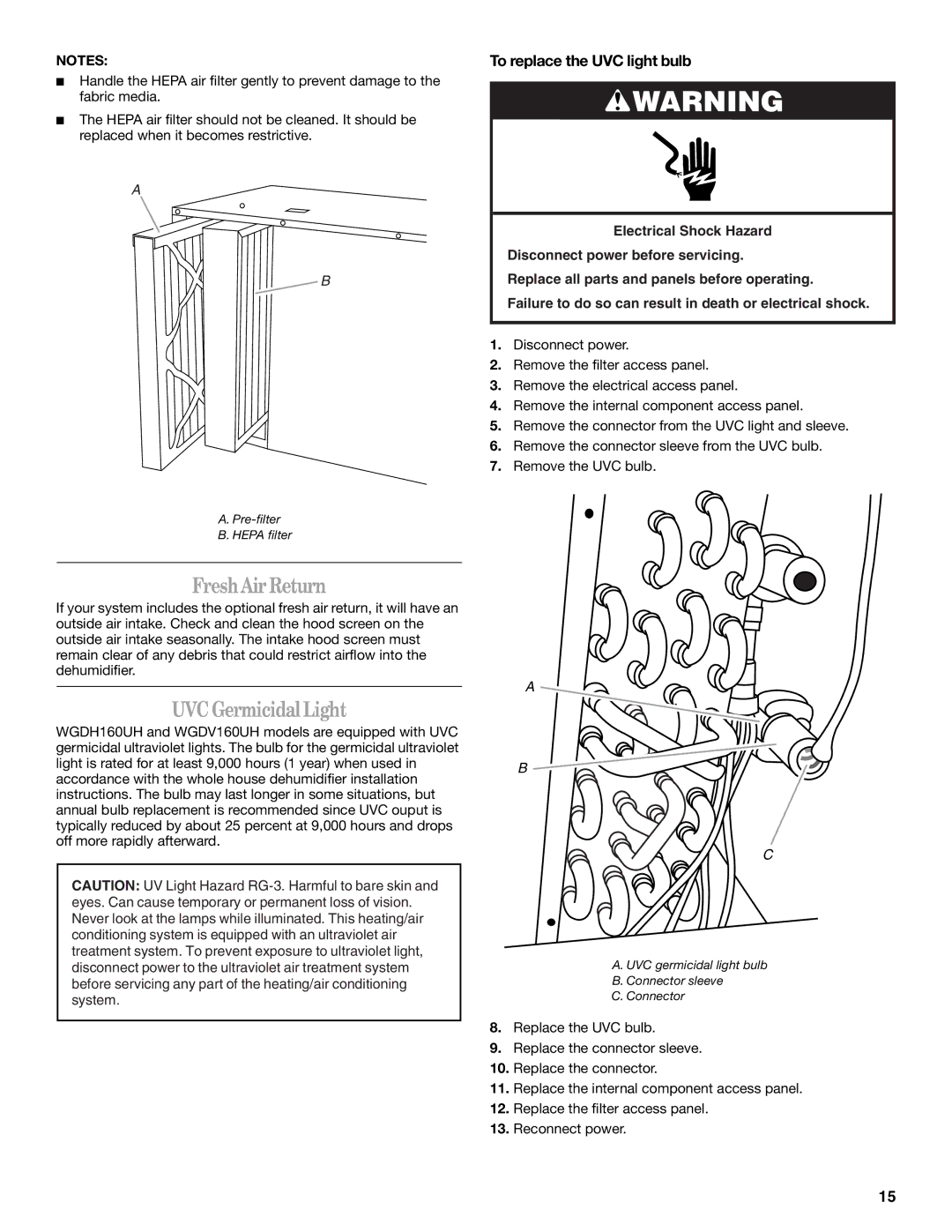 Whirlpool WGDH160UH, WGDV160UH, WPDV160XS, WPDH160XS FreshAirReturn, UVCGermicidalLight, To replace the UVC light bulb 