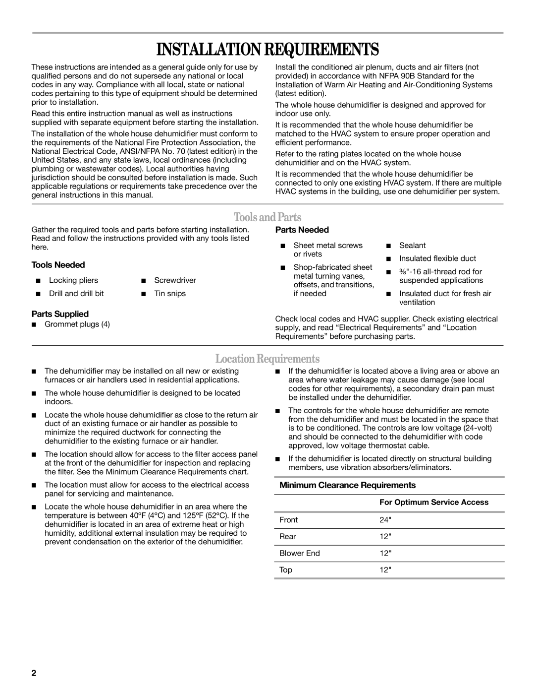 Whirlpool WPDH160XS, WGDV160UH, WPDV160XS, WGDH160UH Installation Requirements, ToolsandParts, LocationRequirements 