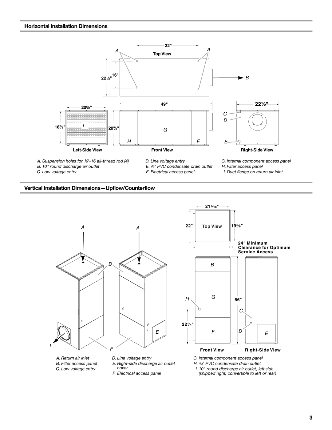 Whirlpool WGDH160UH, WGDV160UH Horizontal Installation Dimensions, Vertical Installation Dimensions-Upflow/Counterflow 