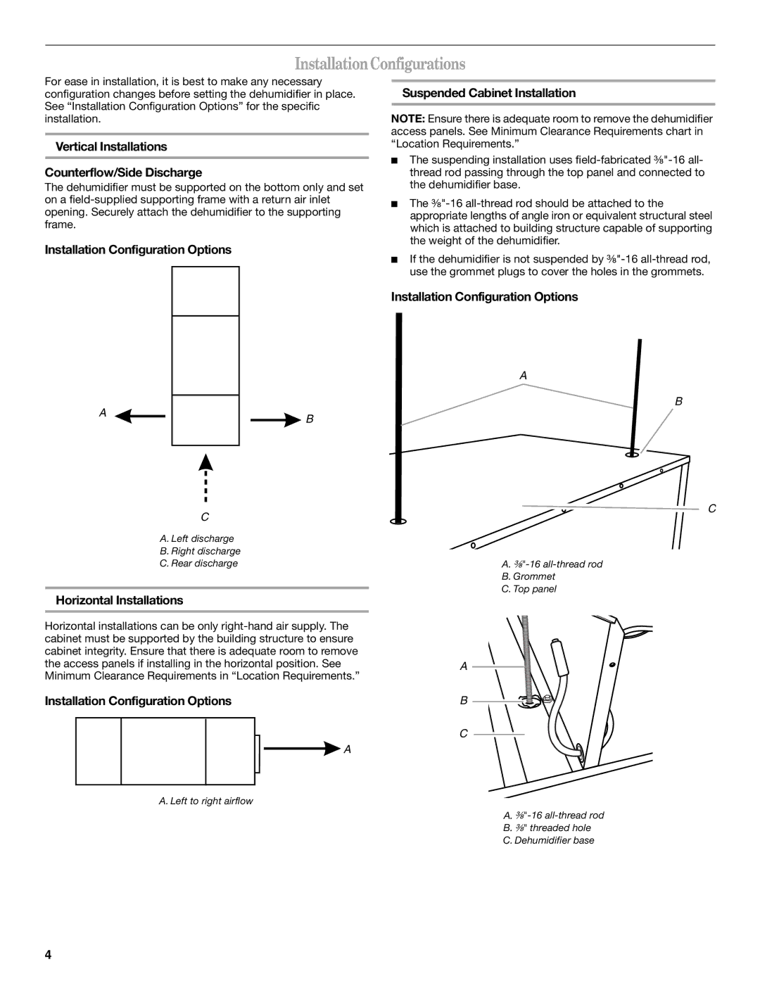 Whirlpool WGDV160UH, WPDV160XS, WPDH160XS InstallationConfigurations, Vertical Installations Counterflow/Side Discharge 