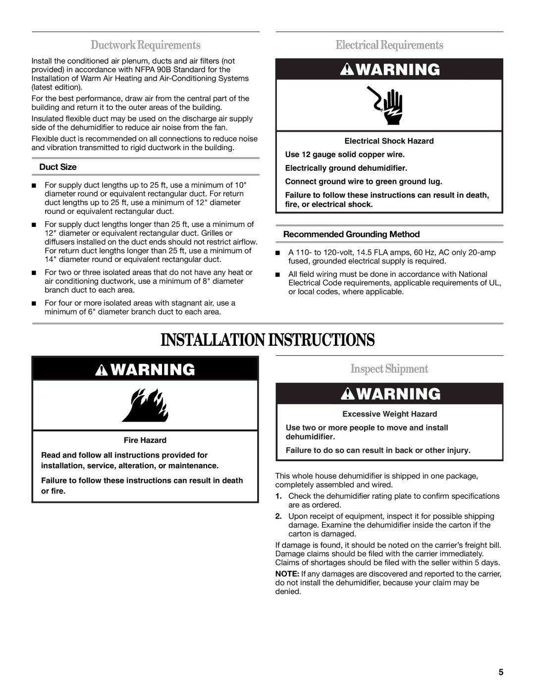 Whirlpool WPDV160XS, WGDV160UH Installation Instructions, DuctworkRequirements, ElectricalRequirements, InspectShipment 