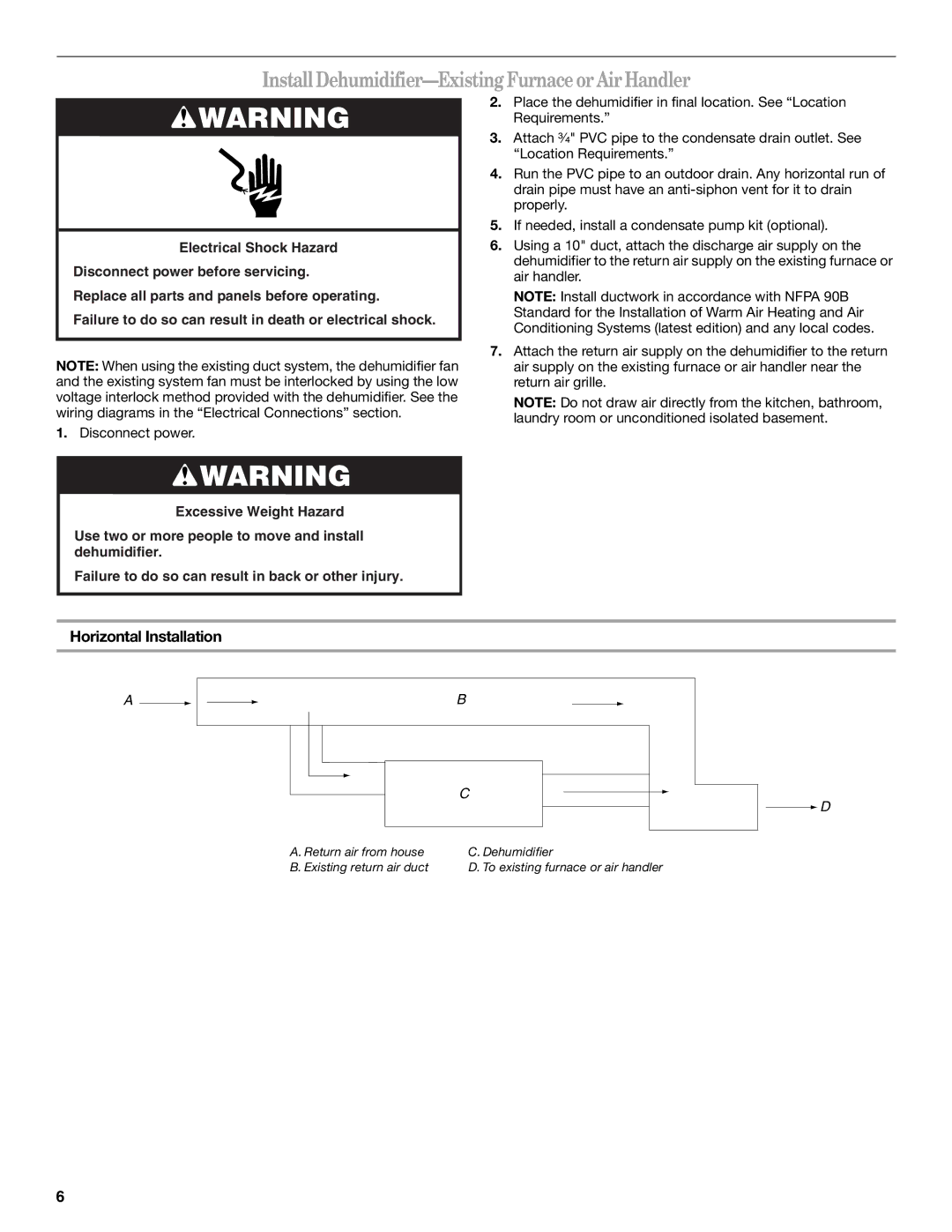 Whirlpool WPDH160XS, WGDV160UH, WPDV160XS InstallDehumidifier-ExistingFurnaceorAirHandler, Horizontal Installation 