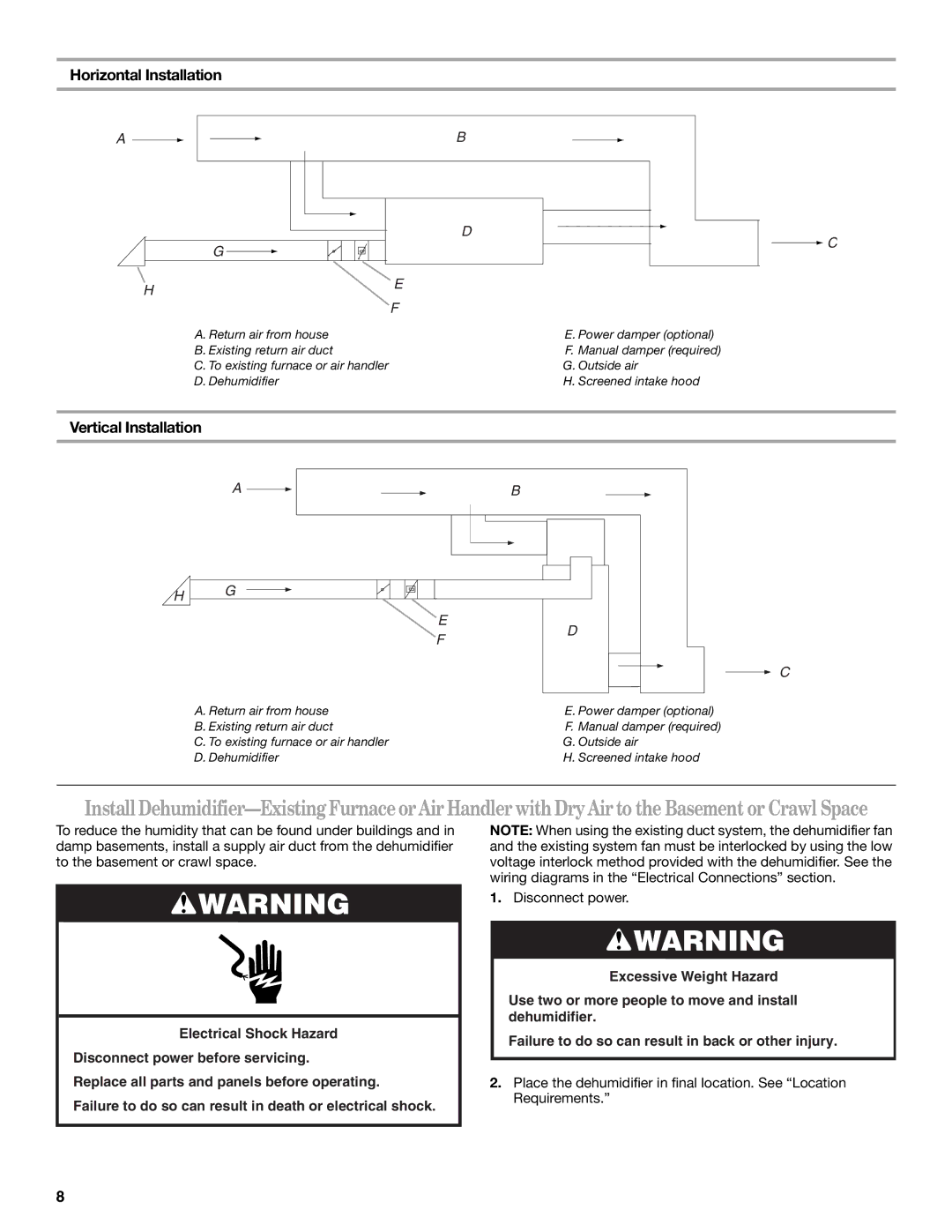 Whirlpool WGDV160UH, WPDV160XS, WPDH160XS, WGDH160UH Return air from house B. Existing return air duct 