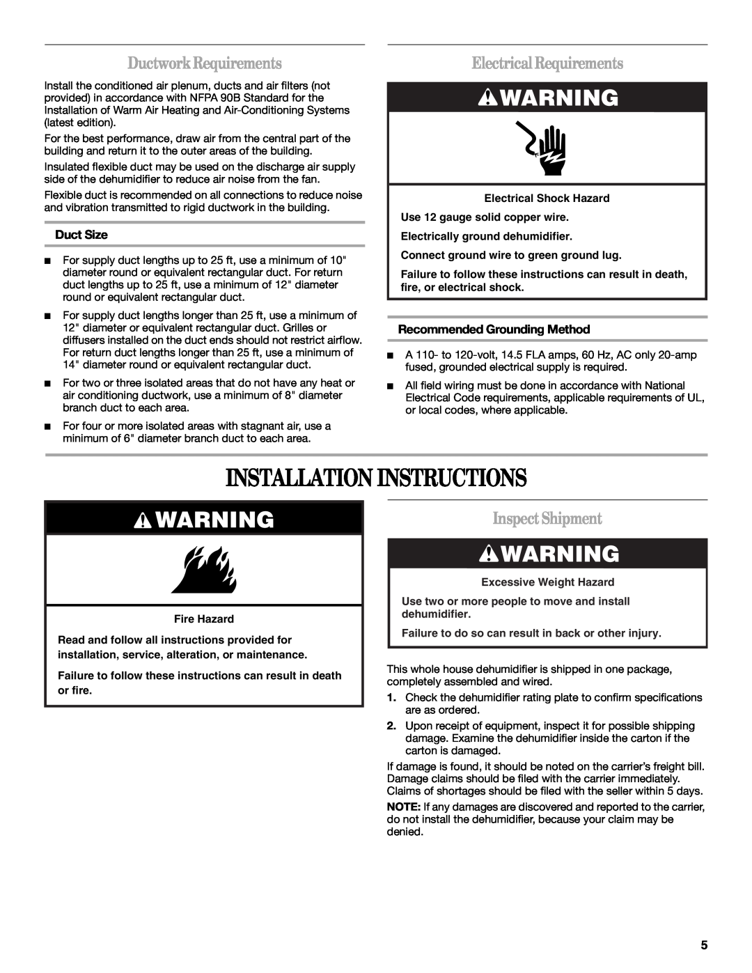 Whirlpool WPDV160XS Installation Instructions, DuctworkRequirements, ElectricalRequirements, InspectShipment, Duct Size 