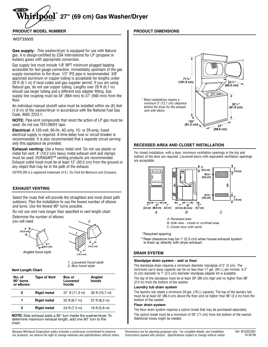 Whirlpool WGT3300S dimensions Product Model Number, Product Dimensions, Recessed Area and Closet Installation 