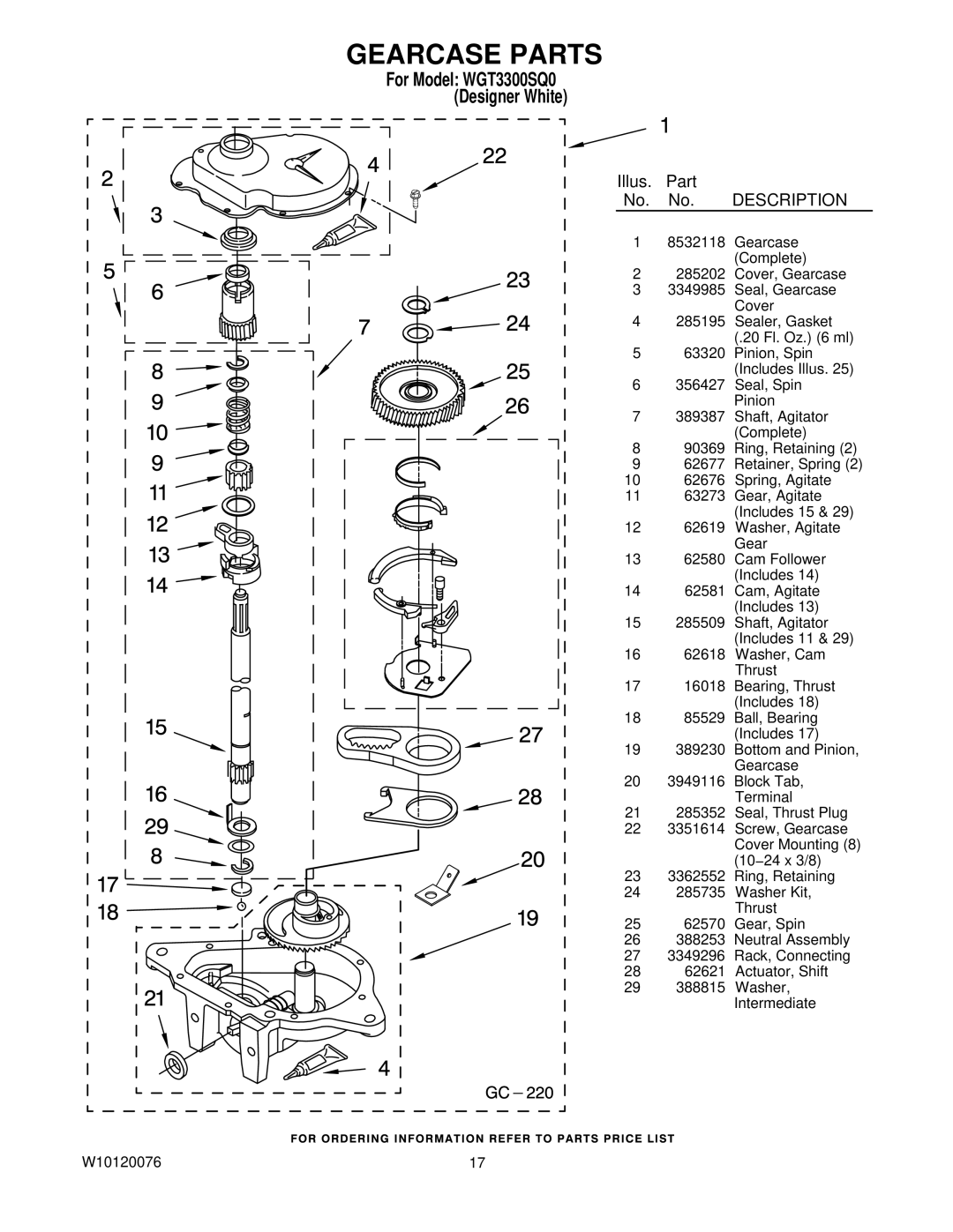 Whirlpool WGT3300SQ0 installation instructions Gearcase Parts, Illus. Part No. No. Description 