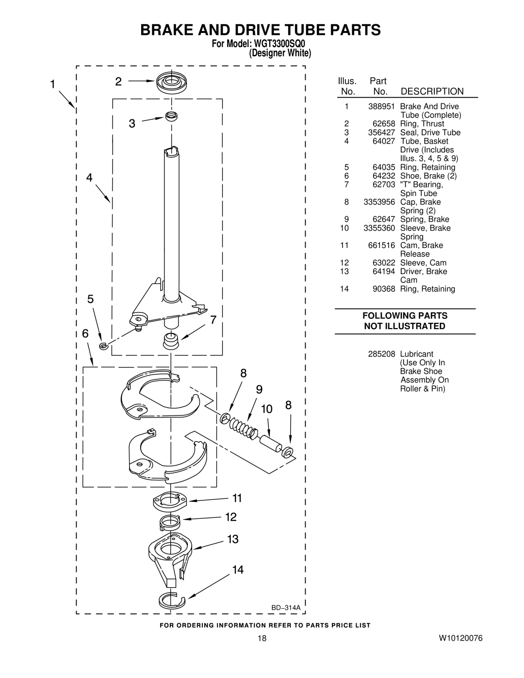 Whirlpool WGT3300SQ0 installation instructions Brake and Drive Tube Parts 