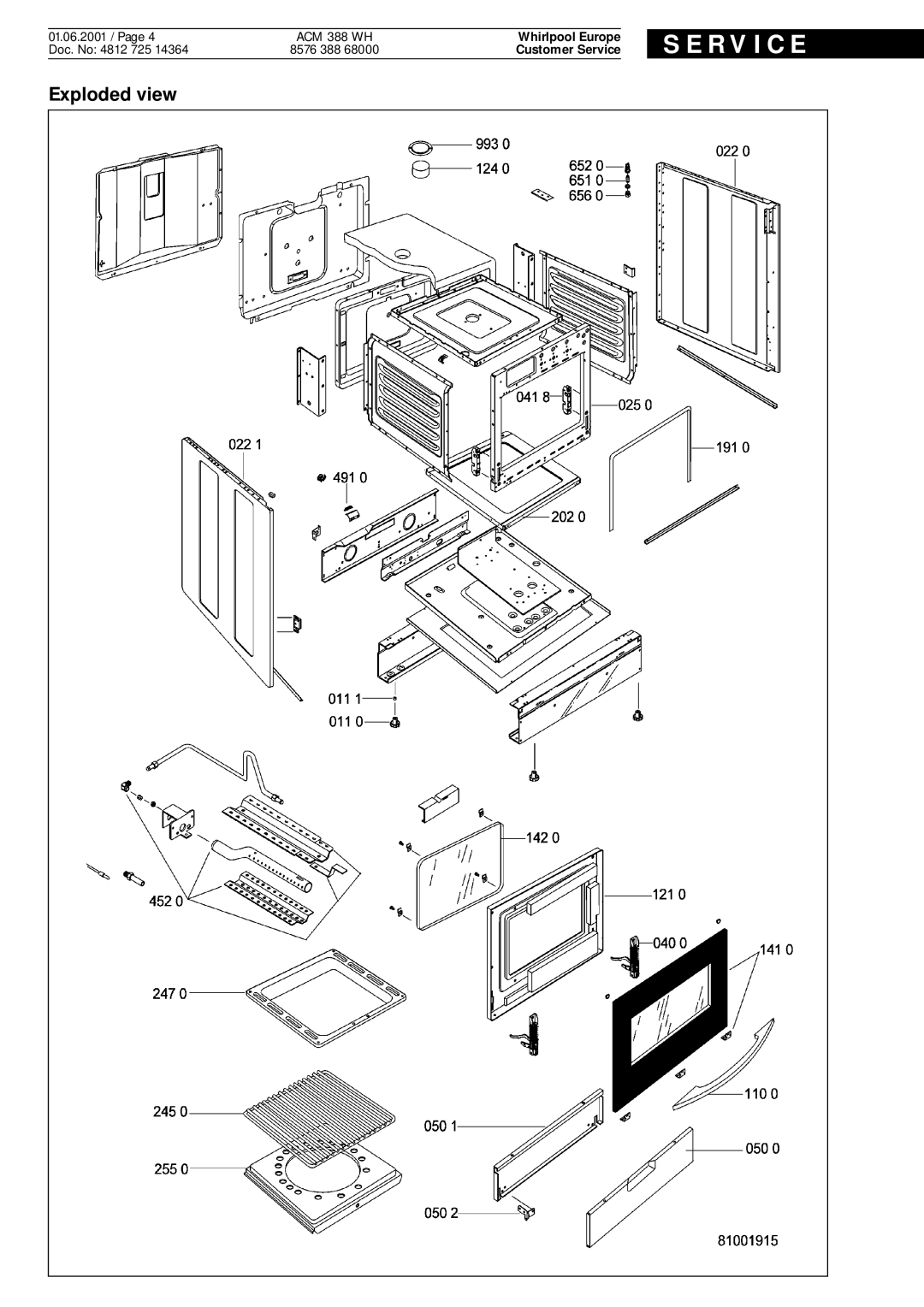 Whirlpool ACM 388 WH service manual Exploded view, S E R V I C E, Whirlpool Europe, Customer Service 