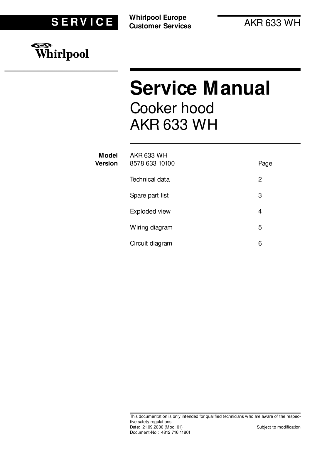 Whirlpool service manual Cooker hood AKR 633 WH, Model 