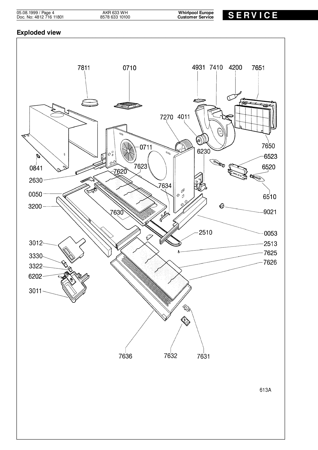 Whirlpool AKR 633 WH service manual Exploded view, S E R V I C E, Whirlpool Europe, Customer Service 