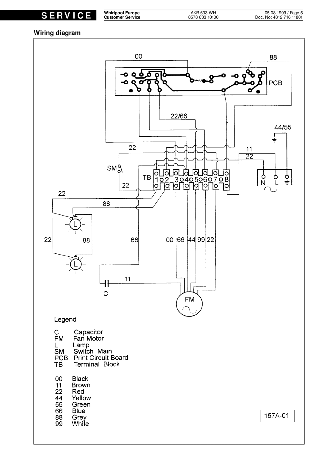 Whirlpool AKR 633 WH service manual Wiring diagram, S E R V I C E, Whirlpool Europe, Customer Service, Doc. No 