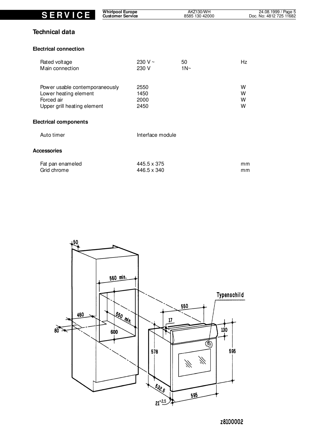 Whirlpool AKZ130, WH, akz130 wh service manual Technical data, Electrical connection 