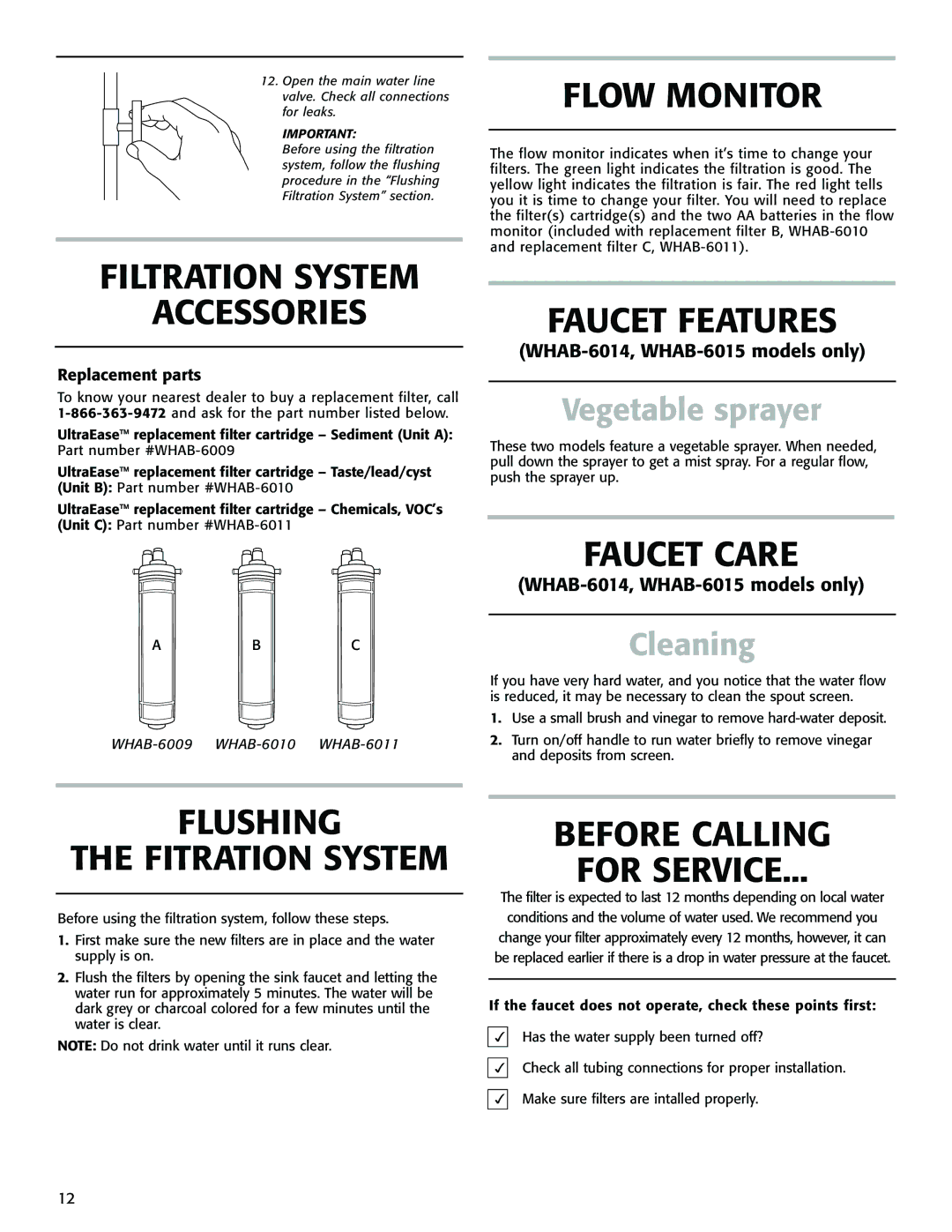 Whirlpool WHAB-6015 Filtration System Accessories, Flow Monitor, Faucet Features, Faucet Care, Flushing Fitration System 