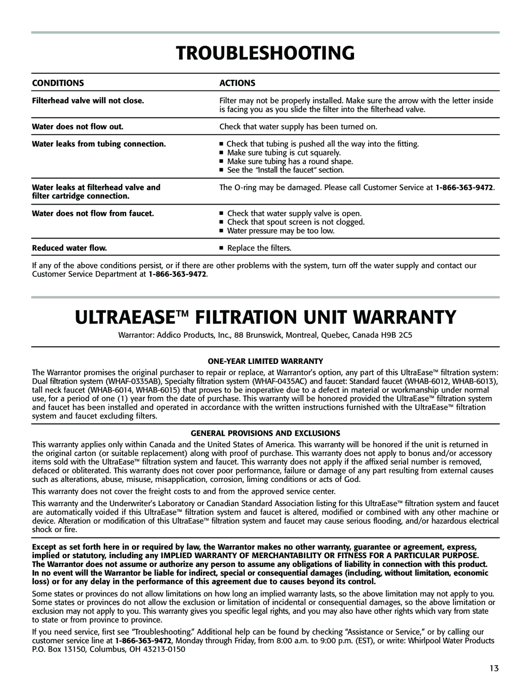 Whirlpool WHAB-6013, WHAB-6015, WHAB-6014 Troubleshooting, Ultraease Filtration Unit Warranty, ONE-YEAR Limited Warranty 