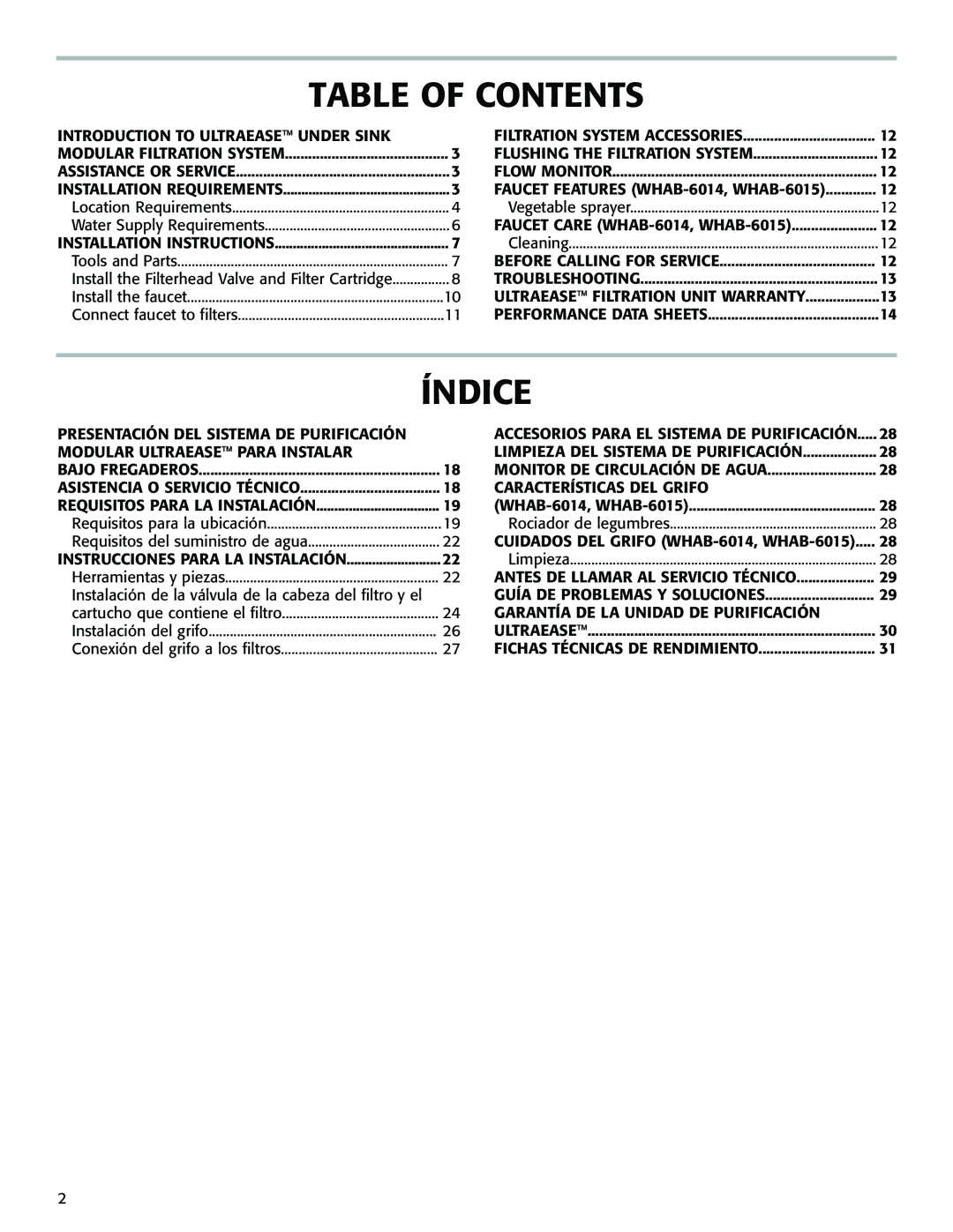 Whirlpool WHAB-6014, WHAB-6015, WHAB-6013, WHAF-0335AB, WHAB-6012, WHAF-0435AC Table of Contents, Índice 