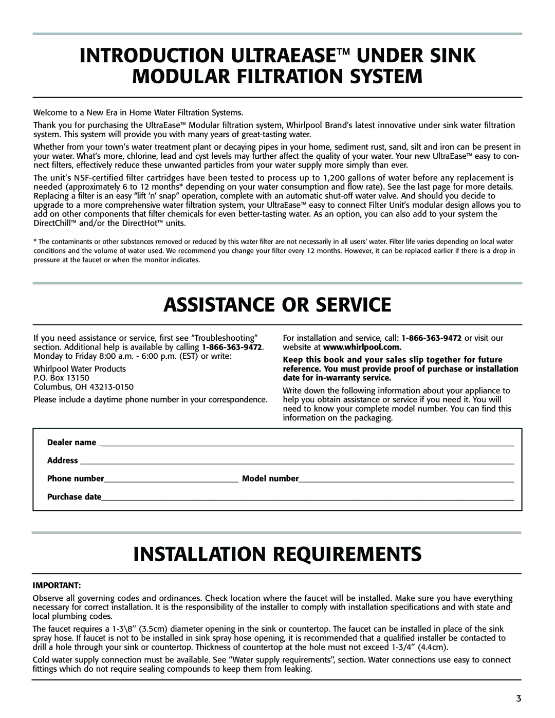 Whirlpool WHAF-0335AB, WHAB-6015 Introduction Ultraease Under Sink Modular Filtration System, Assistance or Service 