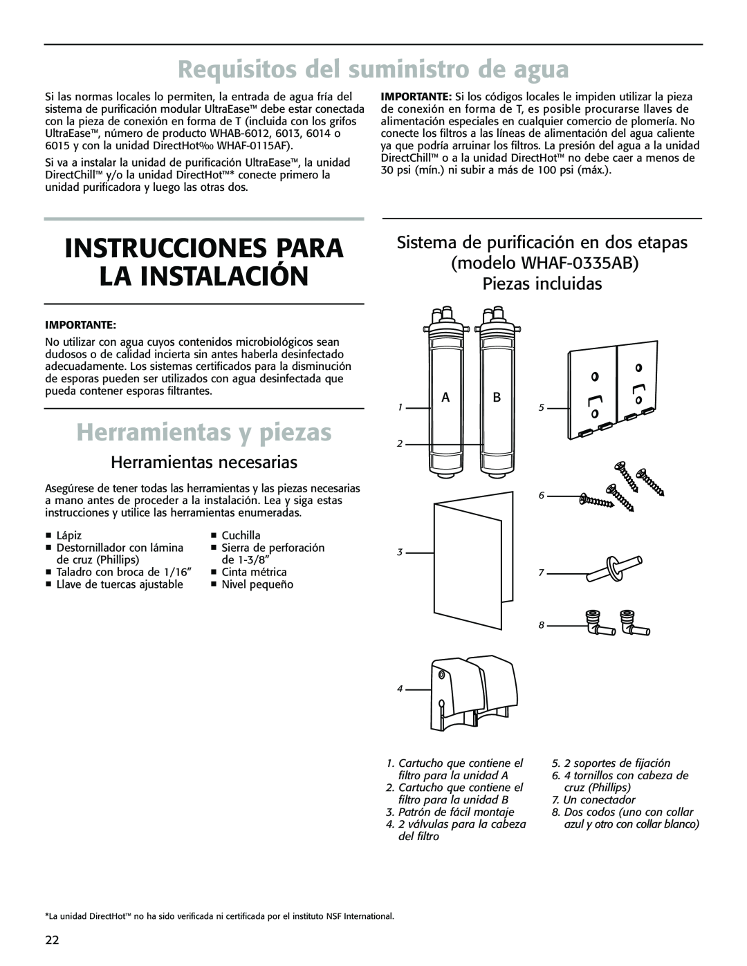 Whirlpool WHAB-6012, WHAB-6015 Instrucciones Para La Instalación, Requisitos del suministro de agua, Herramientas y piezas 