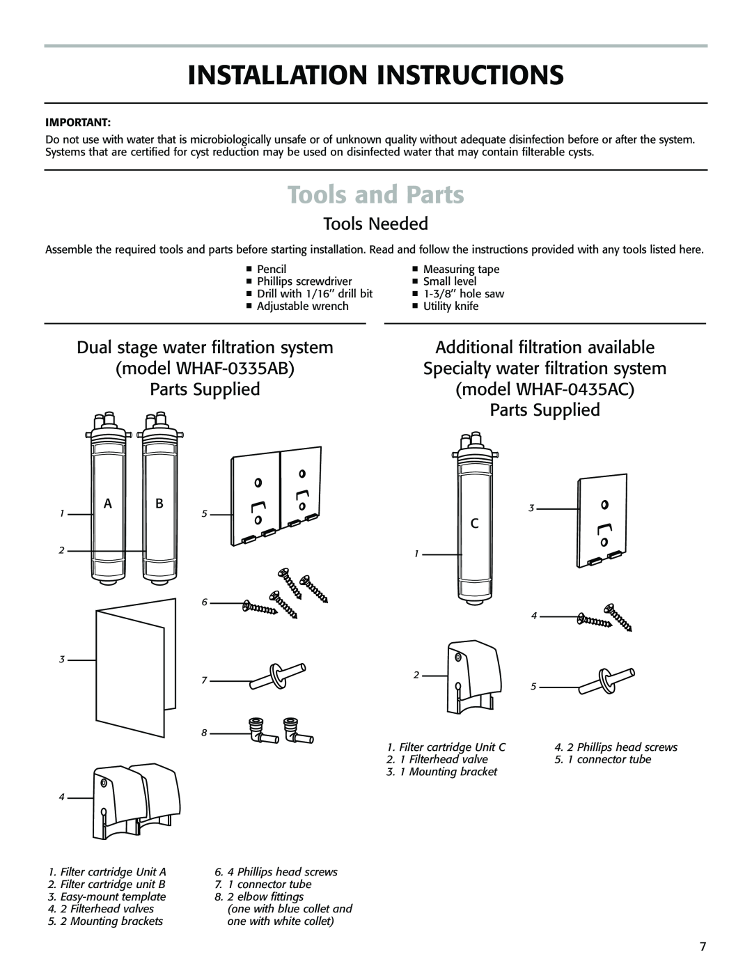 Whirlpool WHAB-6013 Installation Instructions, Tools and Parts, Tools Needed, Dual stage water filtration system 