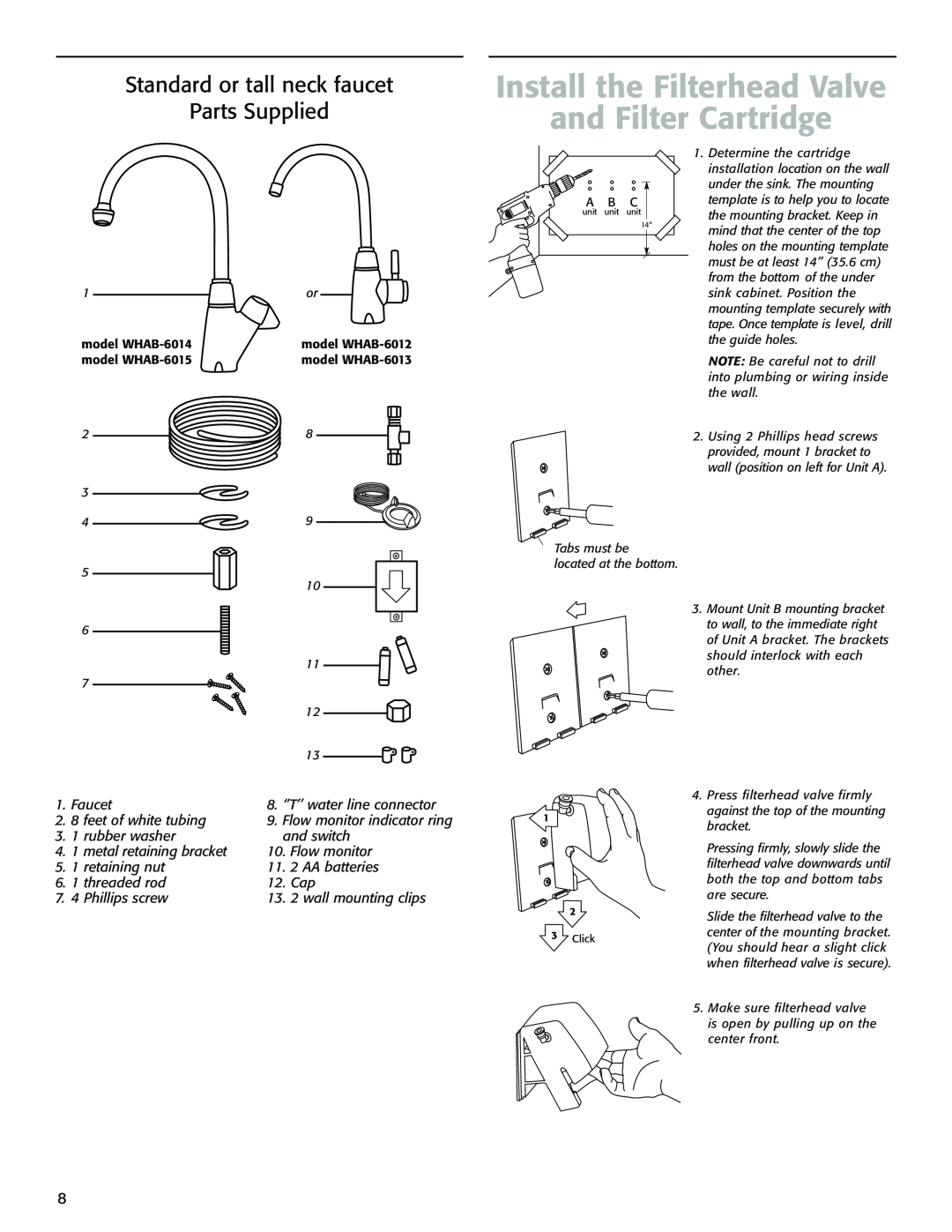 Whirlpool WHAB-6014 Install the Filterhead Valve and Filter Cartridge, Standard or tall neck faucet Parts Supplied 