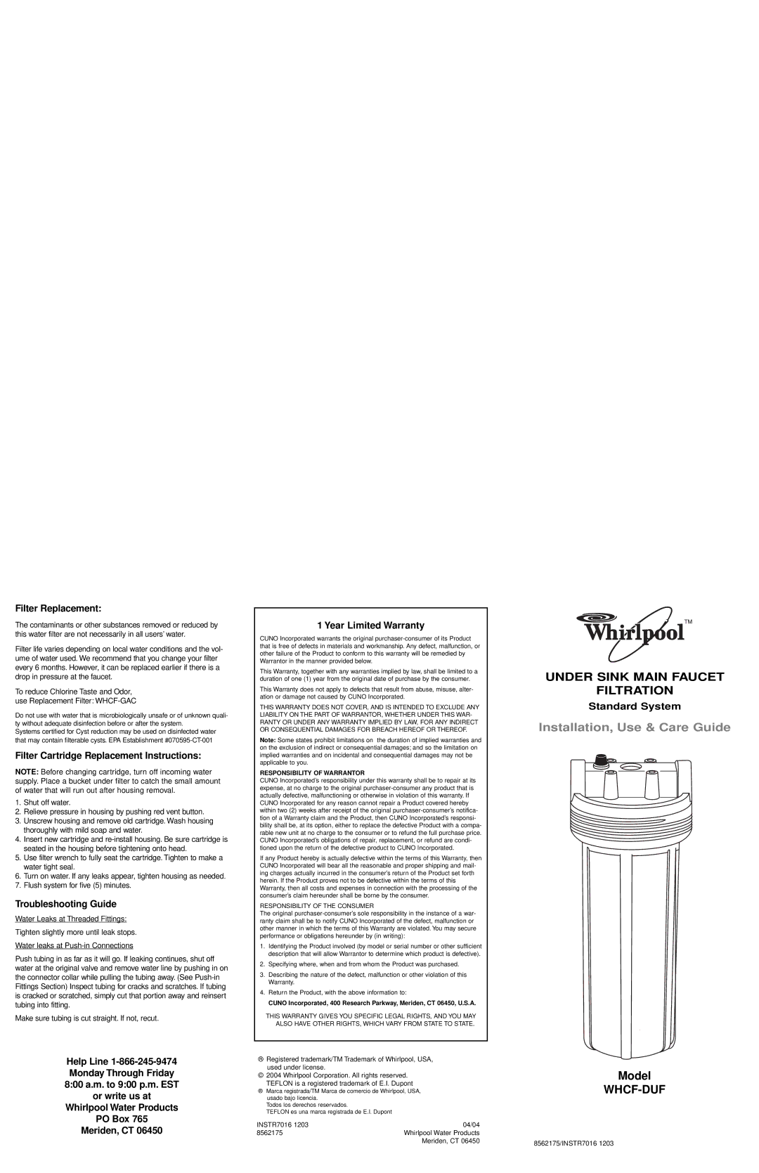 Whirlpool WHCF-DUF installation instructions Filter Replacement, Filter Cartridge Replacement Instructions 