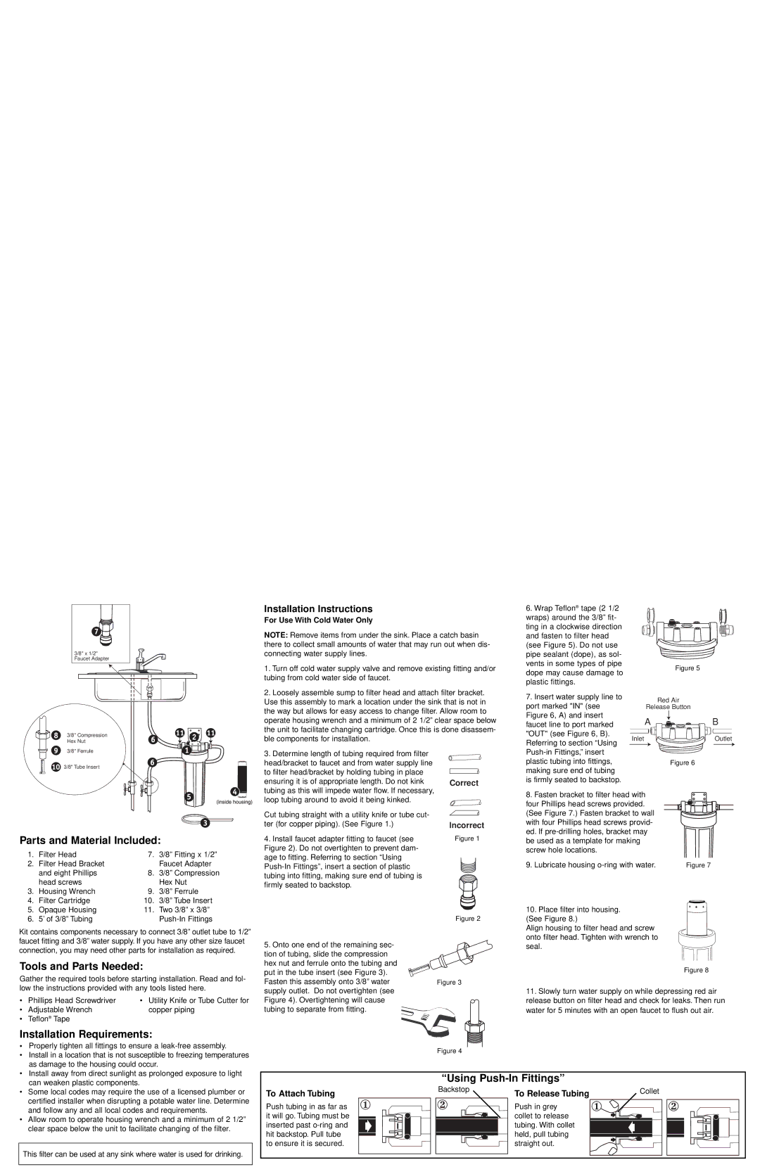 Whirlpool WHCF-DUF Parts and Material Included, Tools and Parts Needed, Installation Requirements, Using Push-In Fittings 