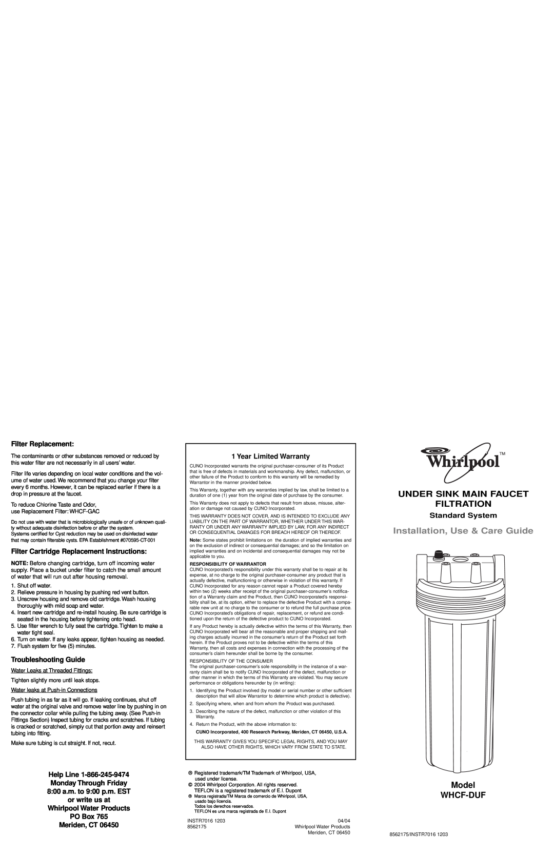Whirlpool WHCF-DUF installation instructions Under Sink Main Faucet Filtration, Installation, Use & Care Guide 