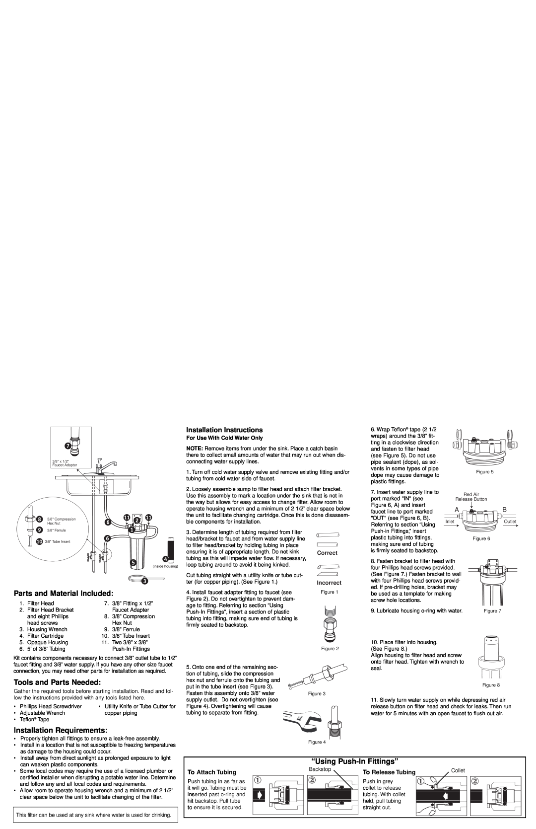 Whirlpool WHCF-DUF Parts and Material Included, Tools and Parts Needed, Installation Requirements, “Using Push-InFittings” 