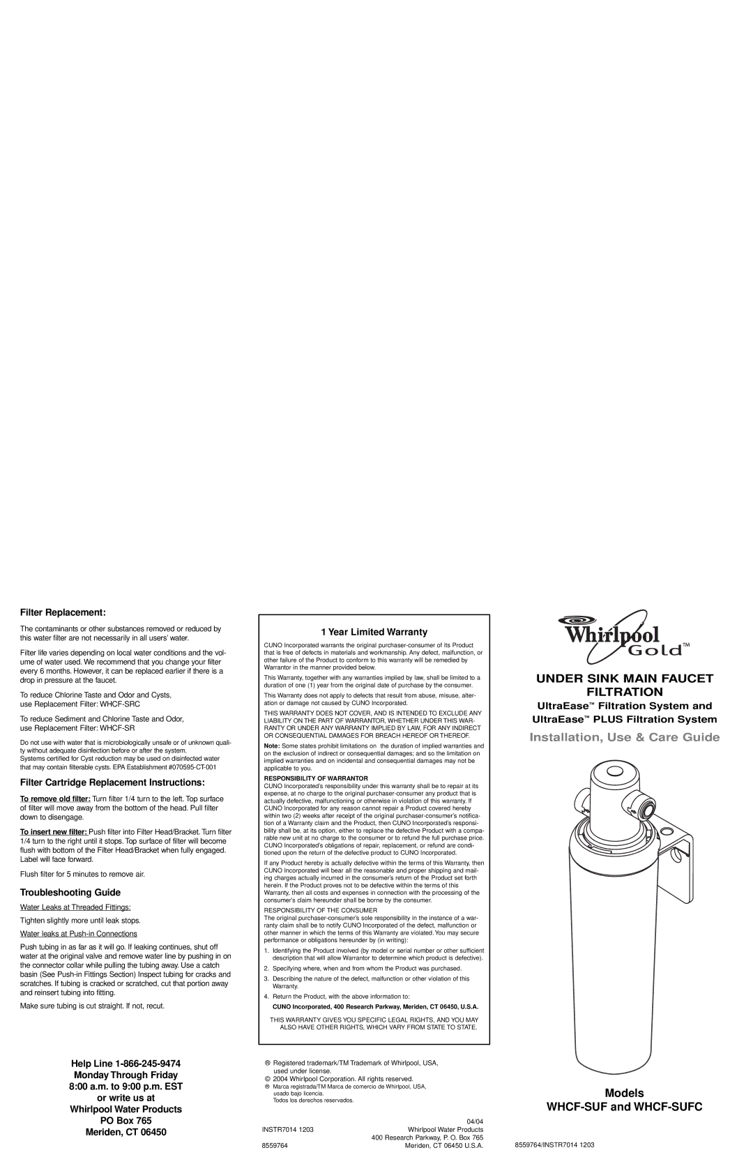 Whirlpool WHCF-SUFC installation instructions Filter Replacement, Filter Cartridge Replacement Instructions 