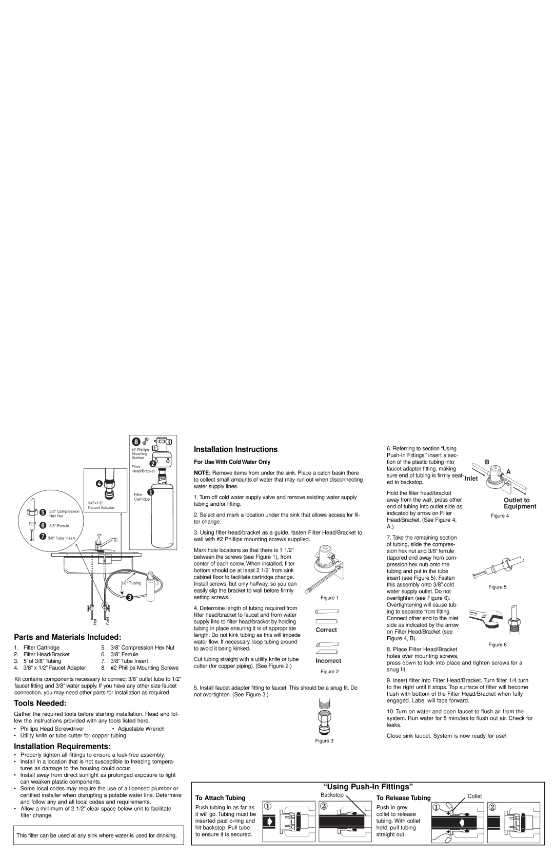 Whirlpool WHCF-SUFC Installation Instructions, Tools Needed, Installation Requirements, Using Push-In Fittings 