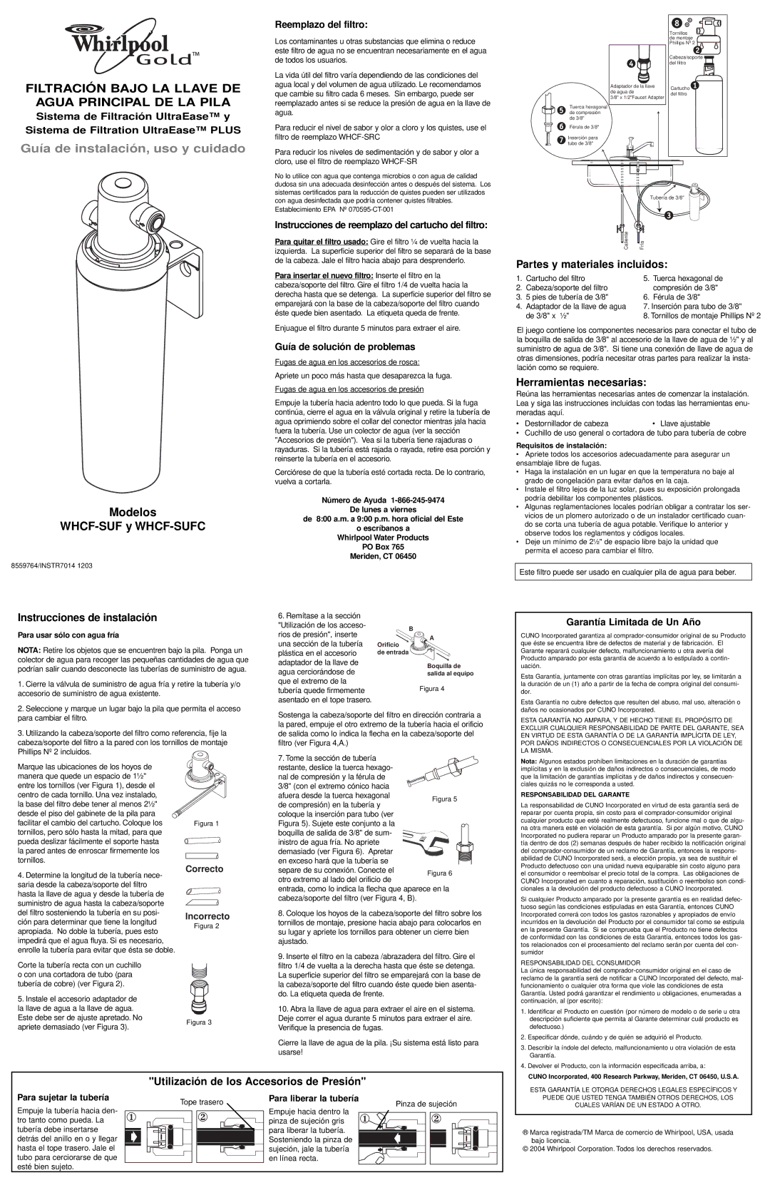 Whirlpool WHCF-SUFC Instrucciones de instalación, Partes y materiales incluidos, Herramientas necesarias 