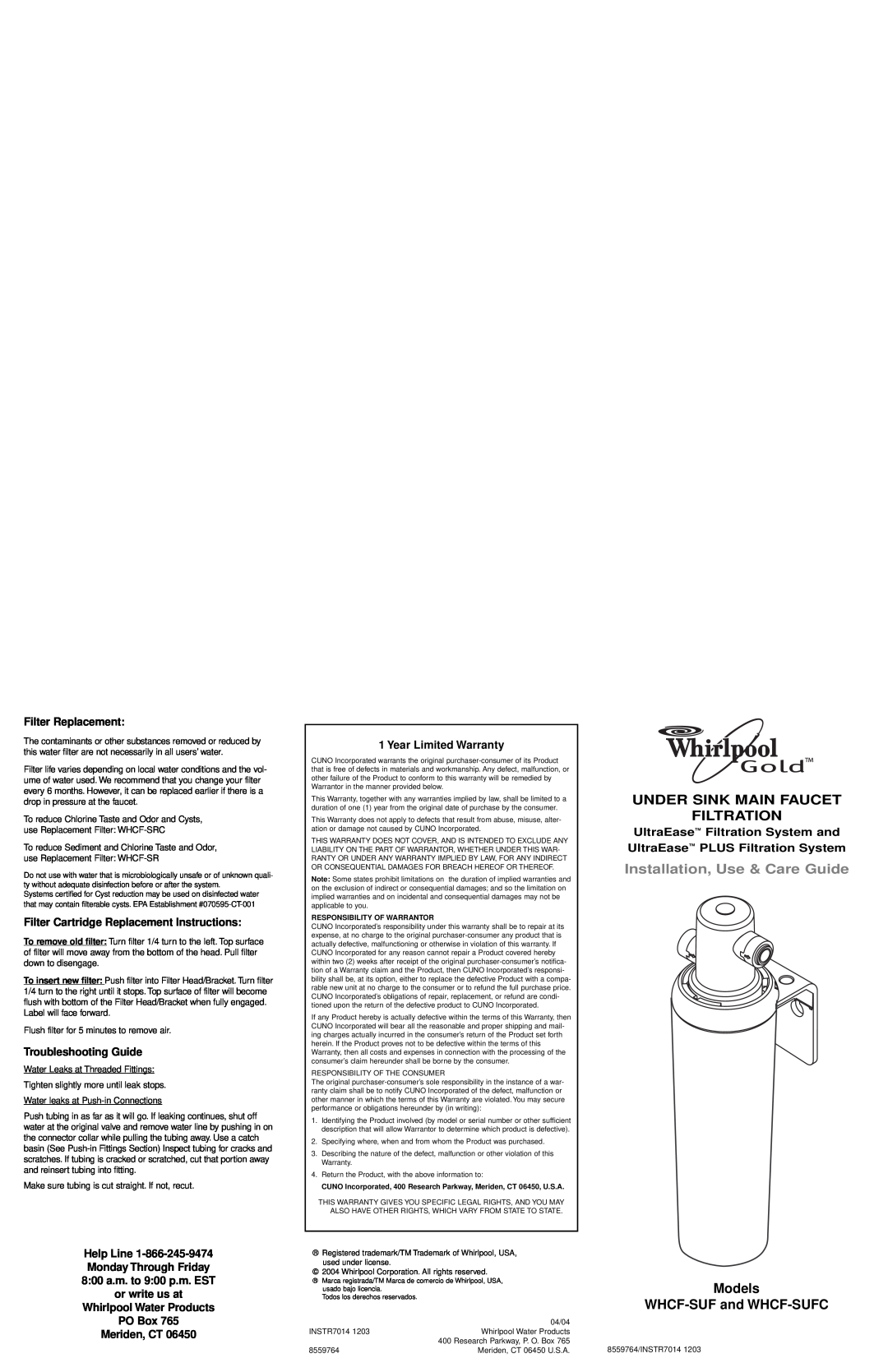 Whirlpool WHCF-SUFC installation instructions Under Sink Main Faucet Filtration, Installation, Use & Care Guide 