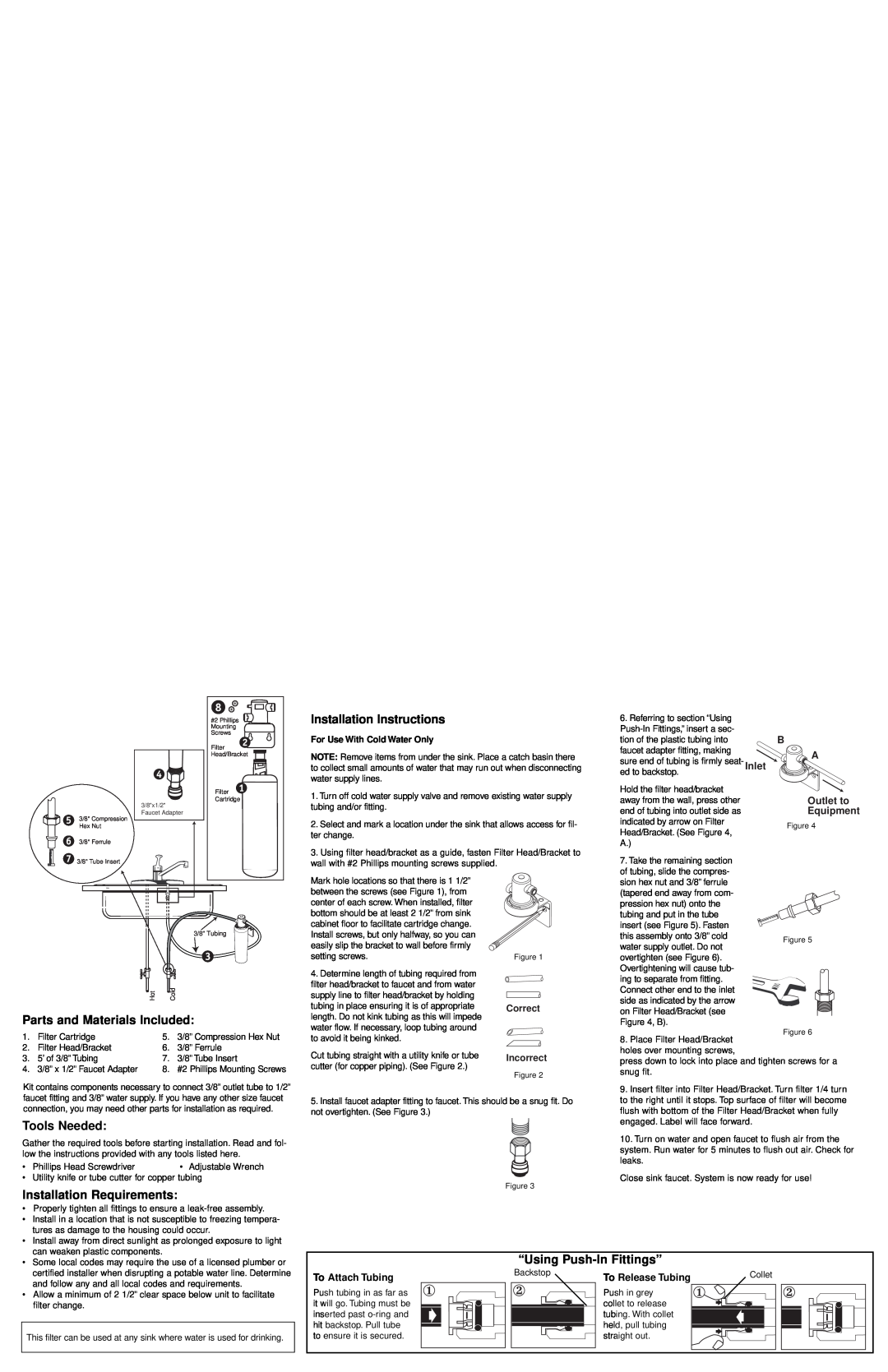 Whirlpool WHCF-SUFC Installation Instructions, Tools Needed, Installation Requirements, “Using Push-InFittings” 