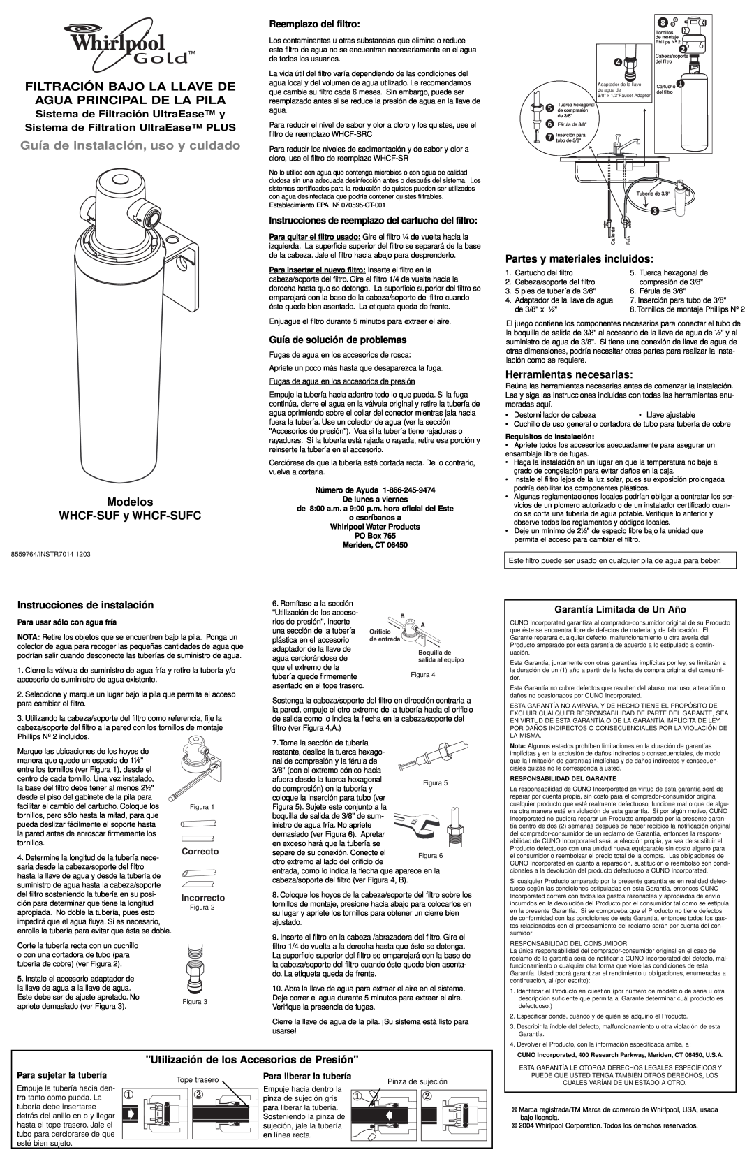 Whirlpool Guía de instalación, uso y cuidado, Modelos WHCF-SUFy WHCF-SUFC, Instrucciones de instalación, Meriden, CT 